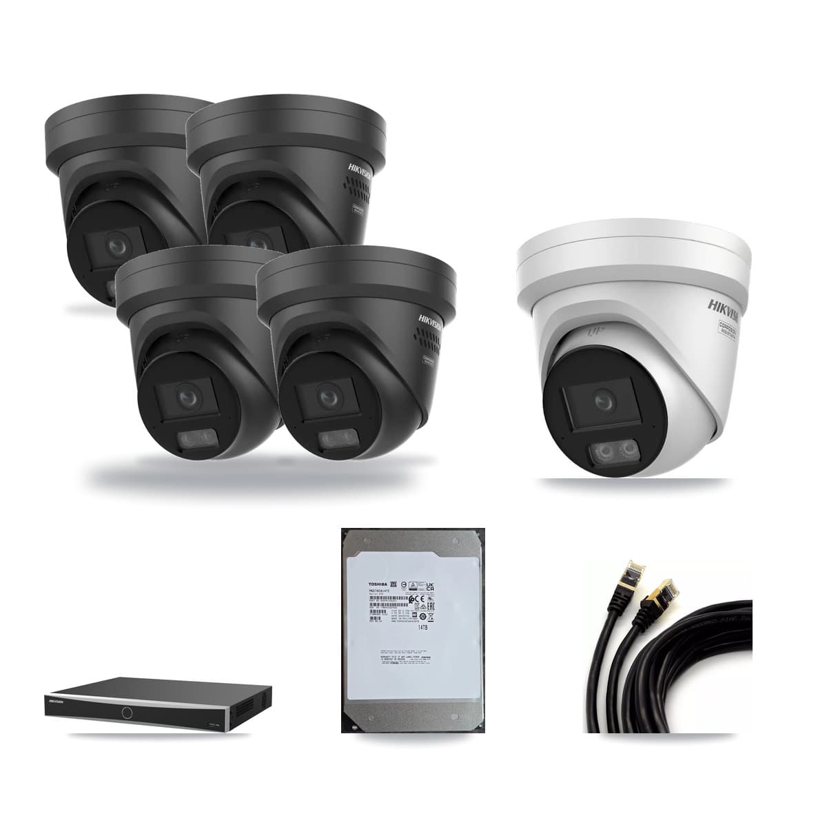 Hikvision 16-channel CCTV kit: 5 cameras (4× 4K Black Turret + 1× 4K Turret), 14TB hard drive