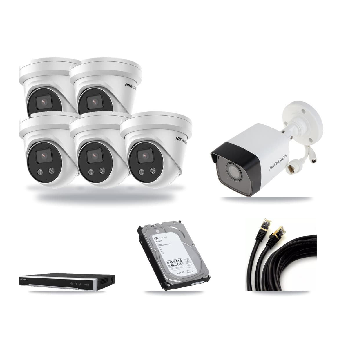 Hikvision 8-Channel 5MP CCTV Kit — 1 Bullet + 5 Turret Cameras + 6TB Recording (DS-7608NI-M2 Recorder) - Image 1