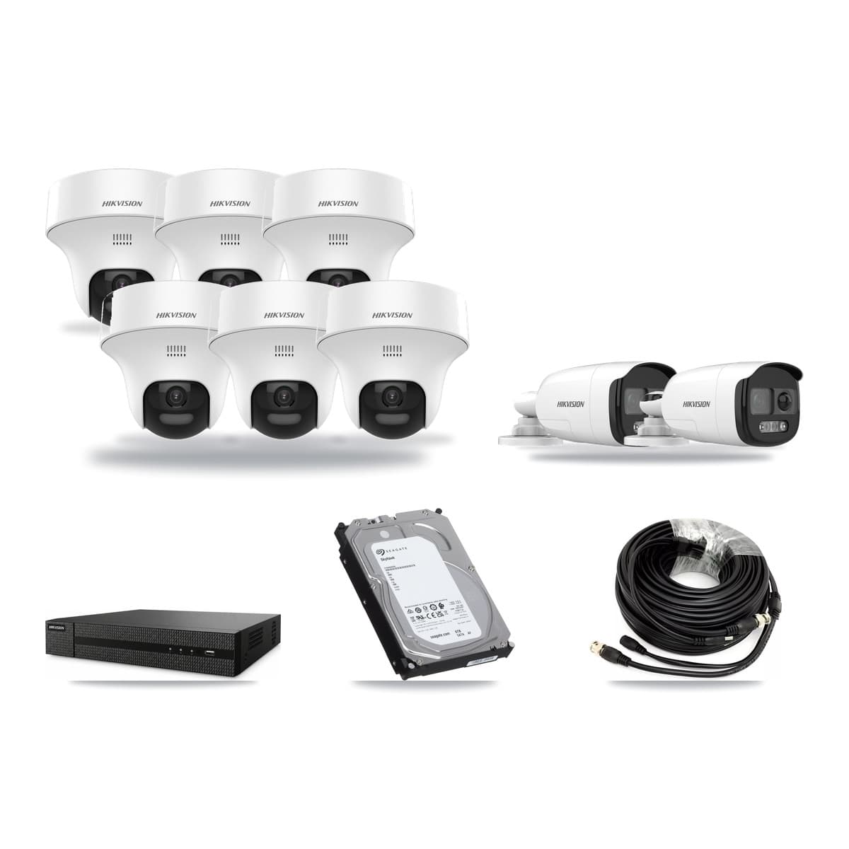Hikvision 8-Channel 5MP CCTV Kit — 2 DS-2CE12KF3T Bullet + 6 DS-2CE70K0T Turret Cameras + 6TB Recording (DVR-8CH Recorder) - Image 1