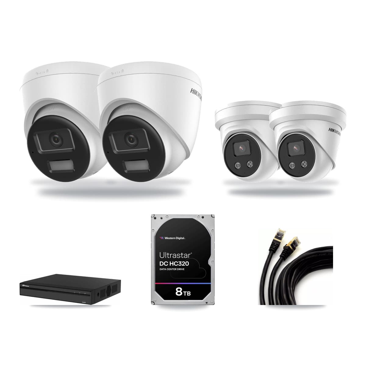 Hikvision & Prolux 4-Channel 5MP – 4K CCTV Kit — 2 DS-2CD1383G2-LIU 4K + 2 DS-2CD3356G2-ISU 5MP Turret Cameras + 8TB Recording (PXN-2104HS-4P-4K Recorder) - Image 1