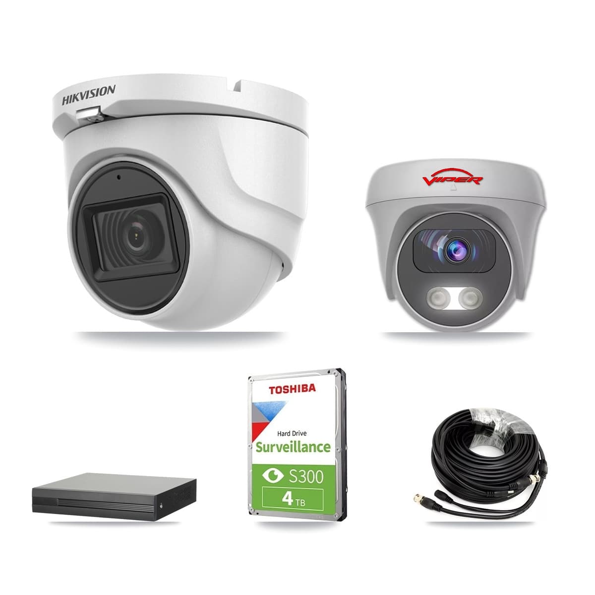 Hikvision & Viper 4-Channel 5MP CCTV Kit — 2 DS-2CE76H0T Turret + 1 White VIPER-5MP-3K Cameras + 4TB Recording (XVR-3104HS Recorder) - Image 1