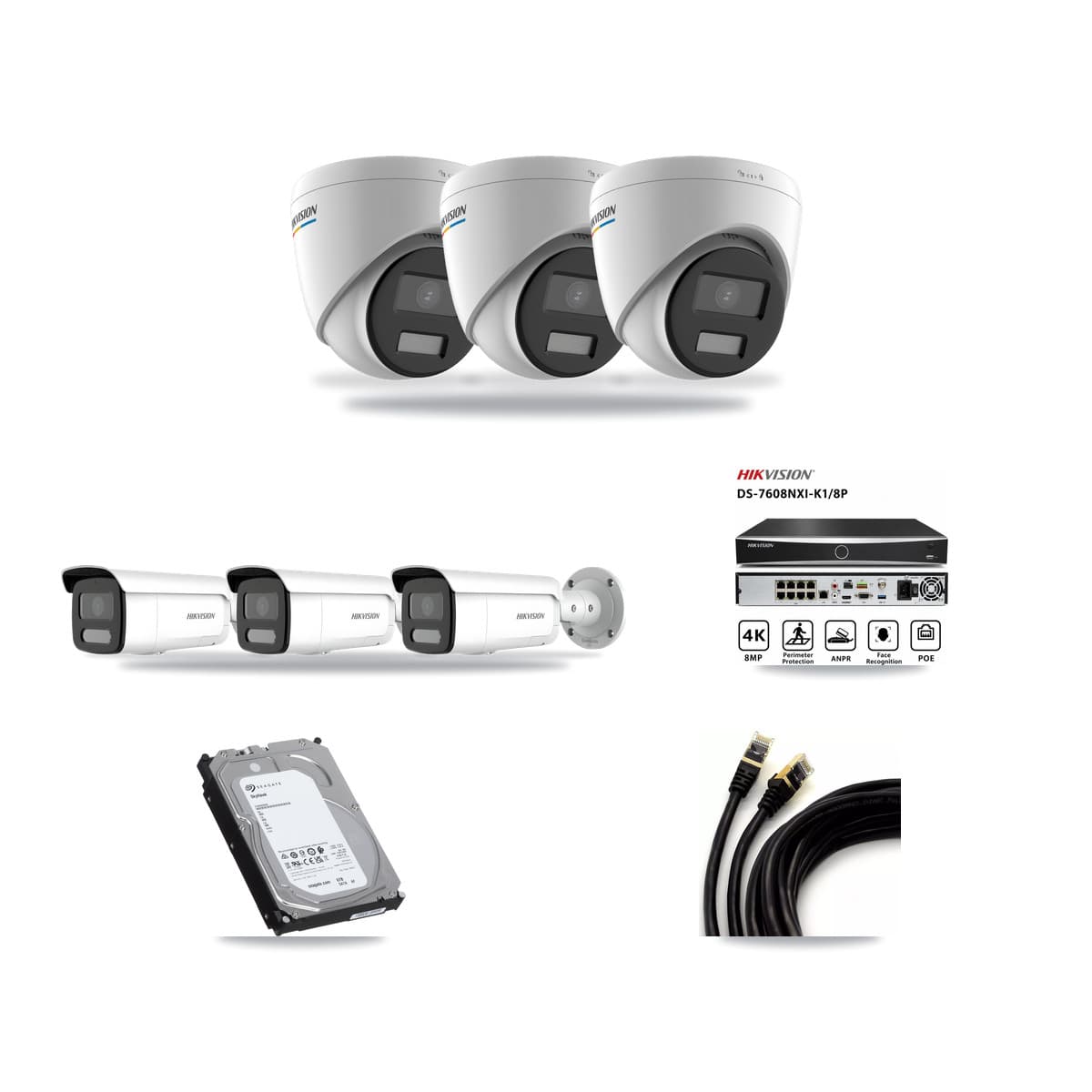 Hikvision 8-channel CCTV kit: 6 cameras (3× 2MP Turret + 3× 4MP Bullet), 6TB hard drive