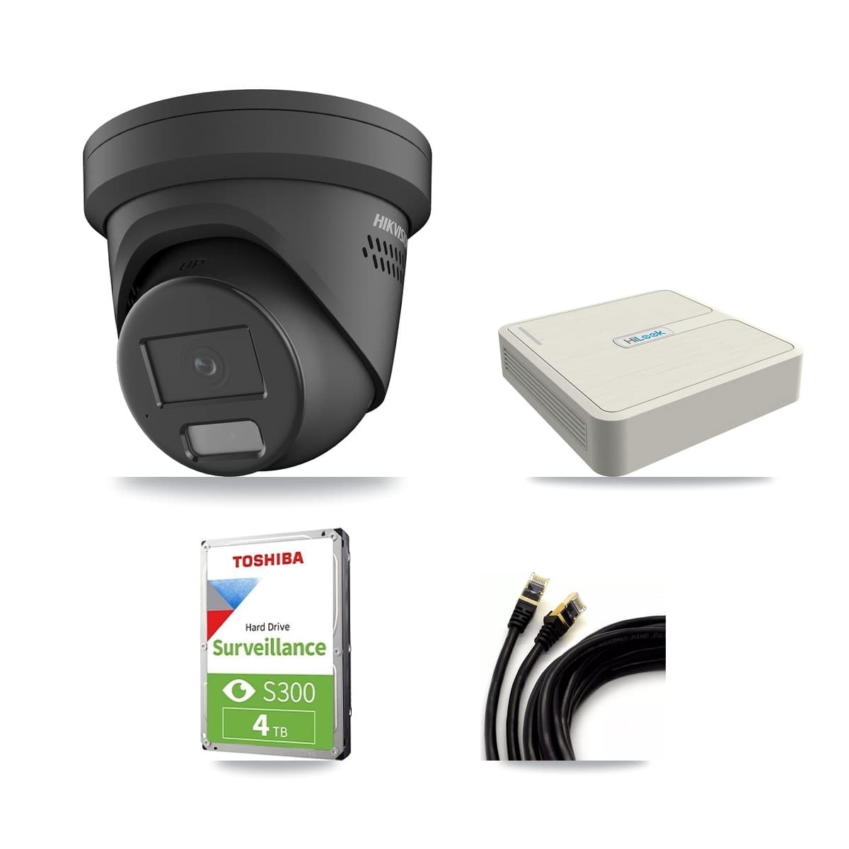 Hikvision & HiLook 8-Channel 4MP CCTV Kit — 3 Black Turret Cameras + 4TB Recording (NVR-108H-D Recorder)