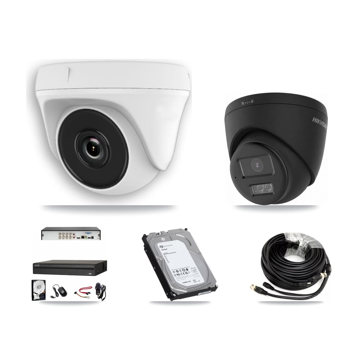 Hikvision & Dahua 8-Channel 2MP – 4K CCTV Kit — 1 Black 4K Turret + 3 White 2MP Dome Cameras + 6TB Recording