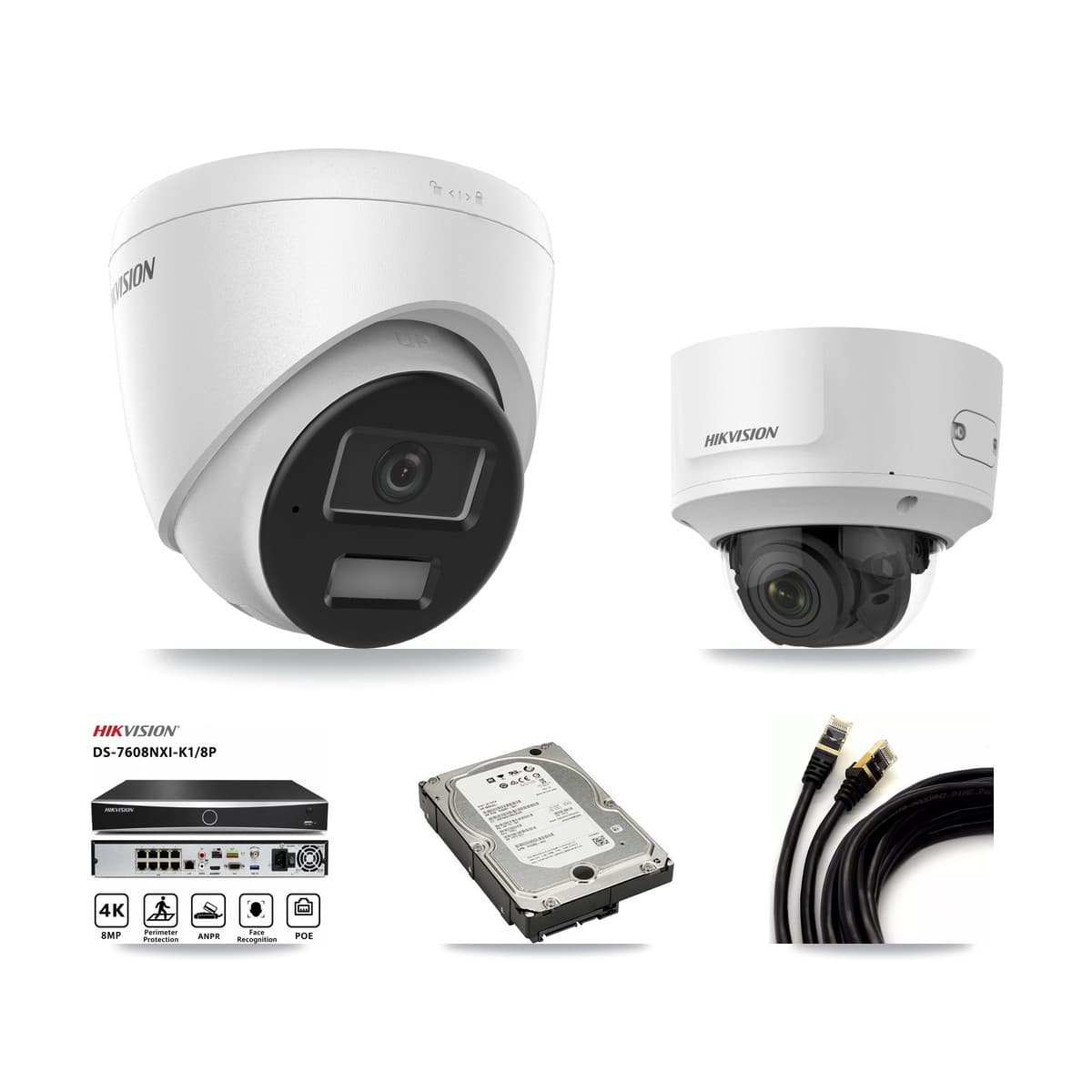 Hikvision 8-Channel 2MP – 4MP CCTV Kit — 3 4MP Turret + 1 2MP Dome Cameras + 5TB Recording (DS-7608NXI Recorder)
