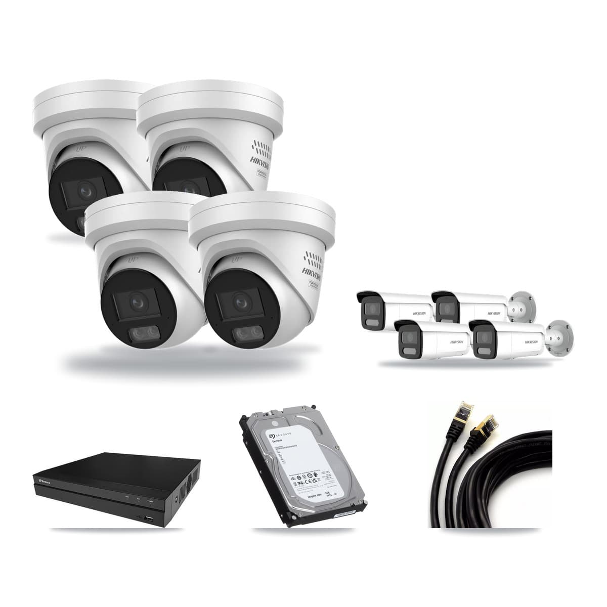 Hikvision & Prolux 8-Channel 4MP CCTV Kit — 4 DS-2CD2347G3 Turret + 4 DS-2CD2T47G2H Bullet Cameras + 6TB Recording - Image 1