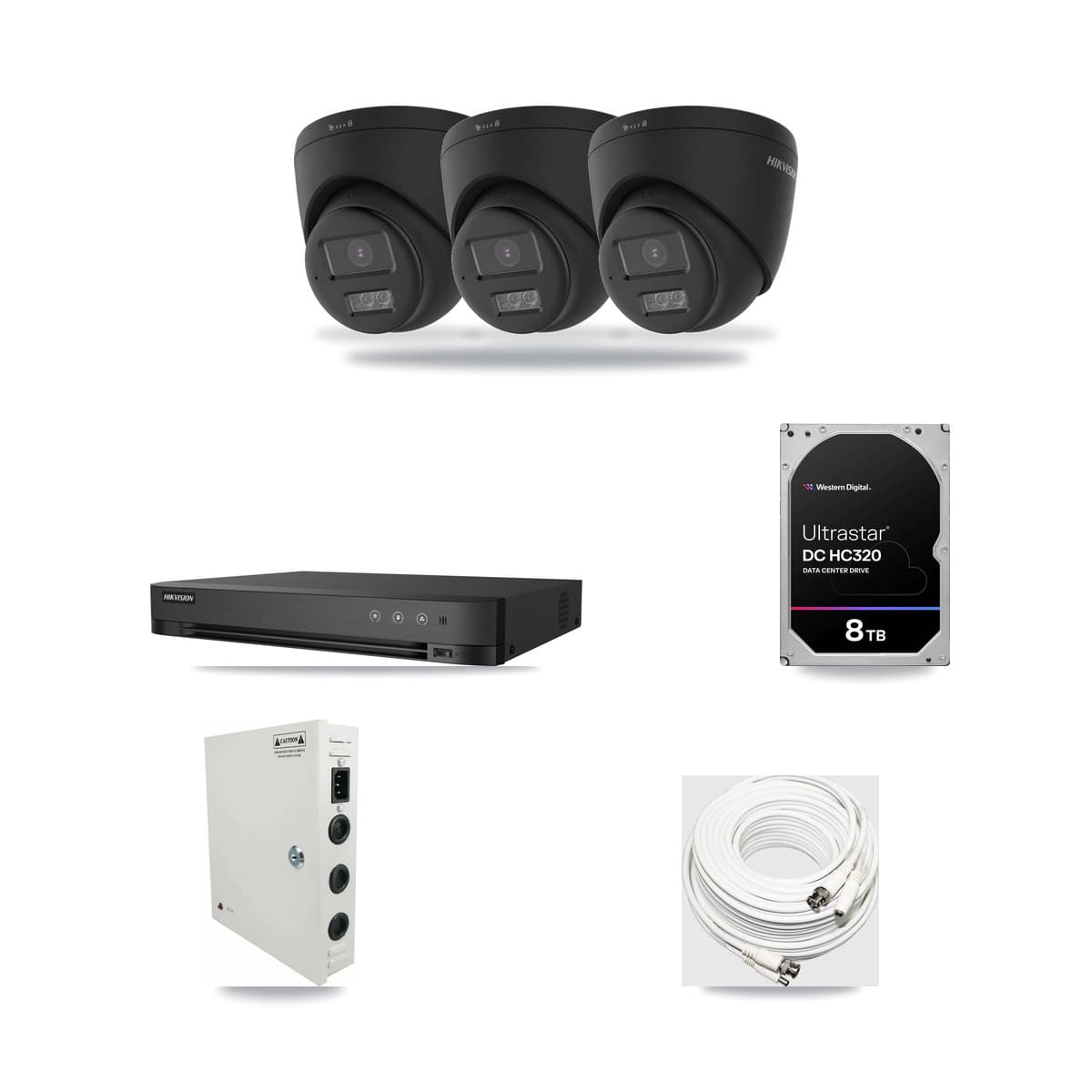 Hikvision 4-Channel 4K CCTV Kit — 3 Black Turret Cameras + 8TB Recording (DS-7204HUHI Recorder) - Image 1