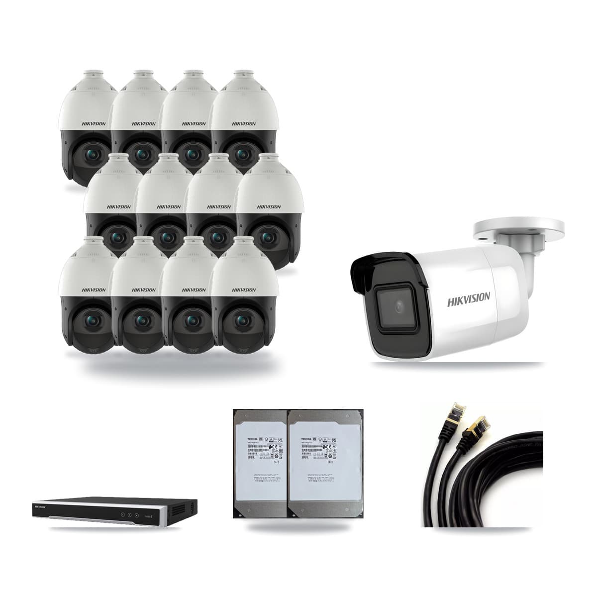 Hikvision 16-Channel 4MP – 4K CCTV Kit — 1 4K Bullet + 12 4MP PTZ Cameras + 2× 14TB Recording (DS-7616NI-M2 Recorder) - Image 1