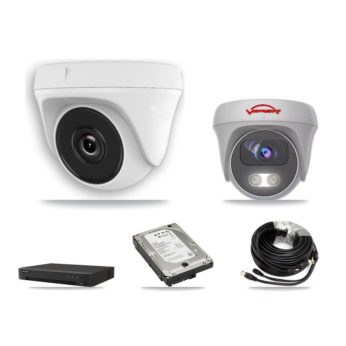 Viper & Hikvision 8-Channel 2MP – 5MP CCTV Kit — 5 White HDT-2MP-N20W-2.8MM 2MP Dome + 1 White VIPER-5MP-3K-AOC-WHITE-2.8MM 5MP Cameras + 5TB Recording (IDS-7208HUHI-M1/XT Recorder)