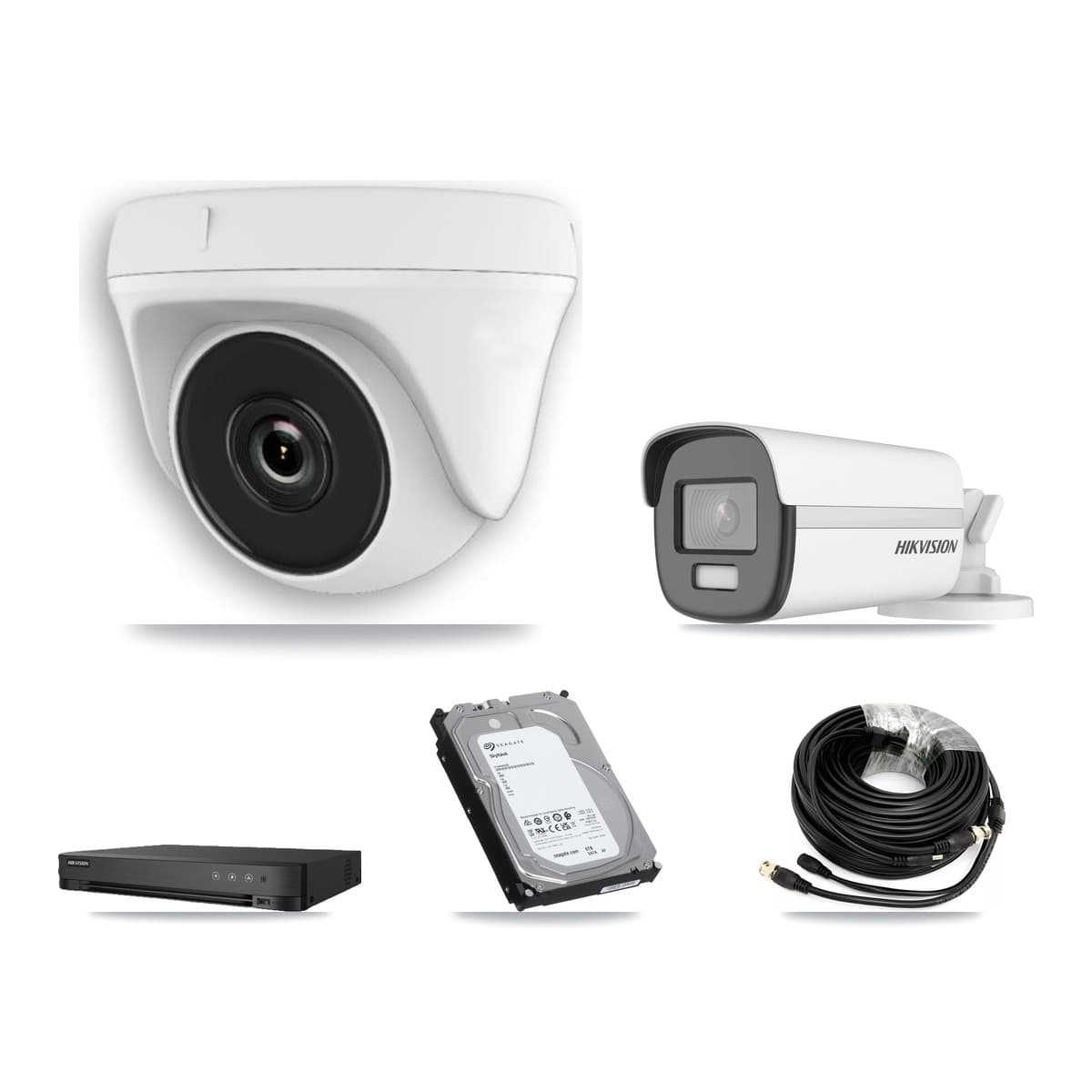 Hikvision 8-Channel 2MP – 4K CCTV Kit — 1 DS-2CE12UF3T-E 4K Bullet + 6 White HDT-2MP-N20W-2.8MM 2MP Dome Cameras + 6TB Recording (IDS-7208HUHI-M1/E Recorder)
