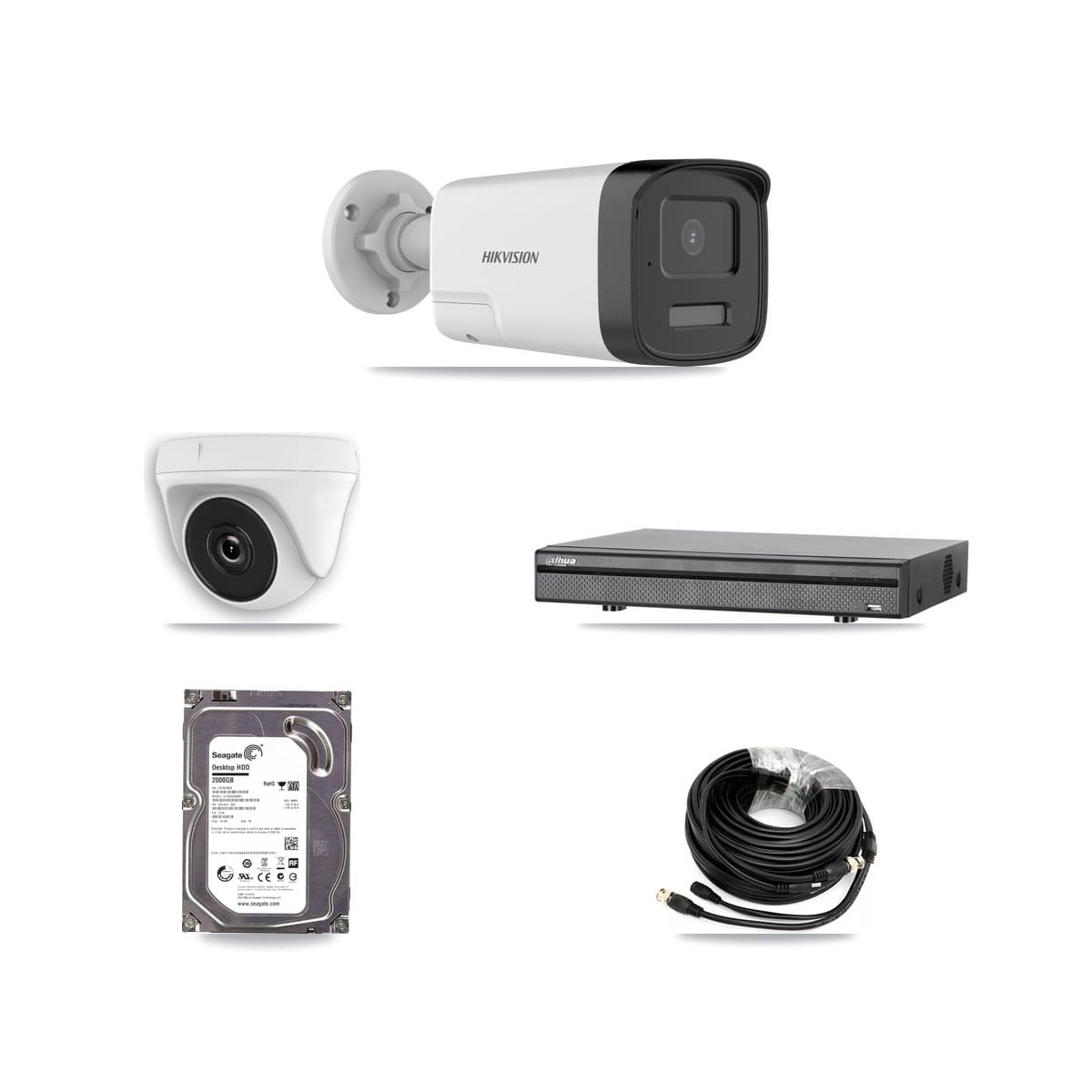 Hikvision & Dahua 8-Channel 2MP – 5MP CCTV Kit — 1 DS-2CE17K0T 5MP Bullet + 1 White HDT-2MP-N20W 2MP Dome Cameras + 2TB Recording (DH-XVR5108H Recorder) - Image 1