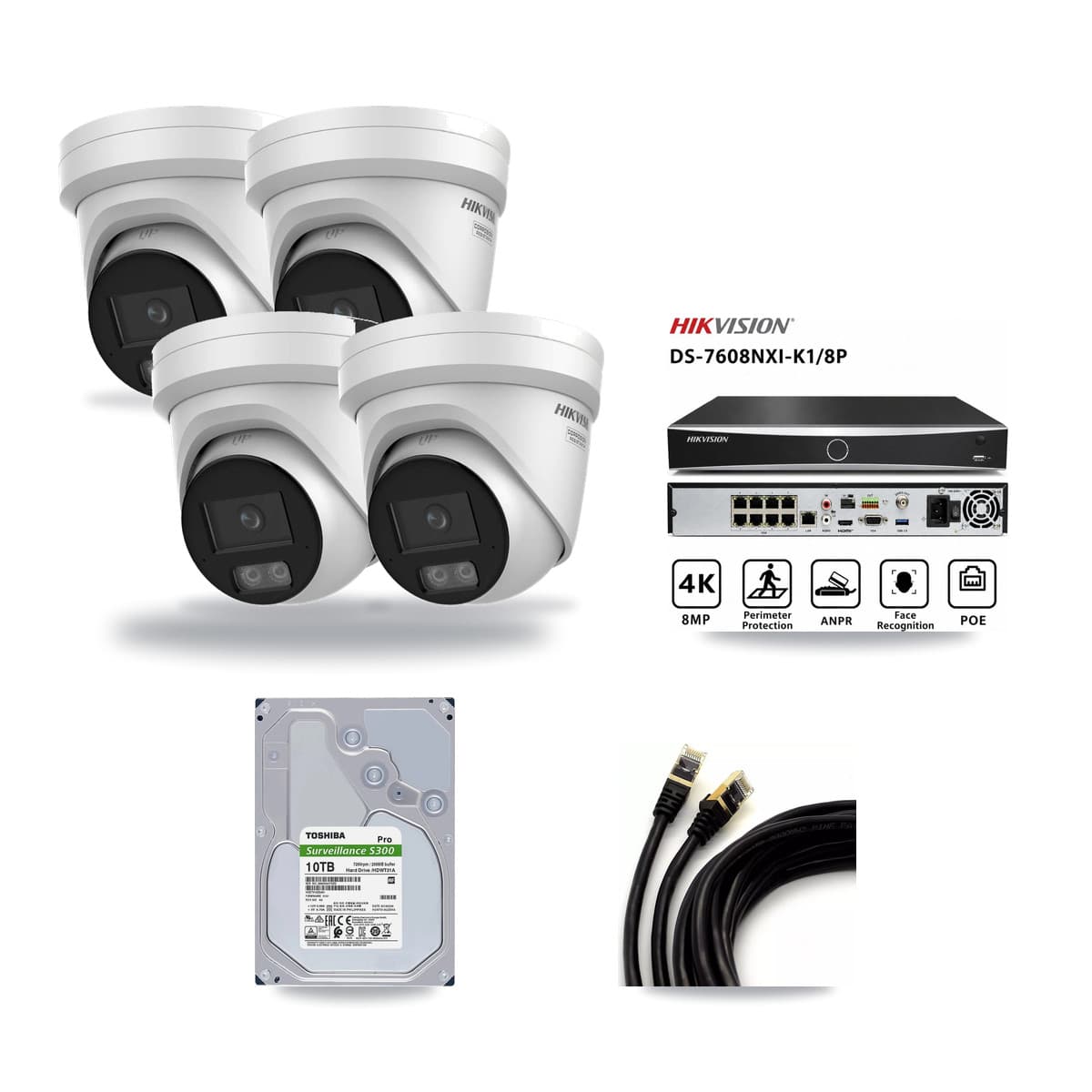 Hikvision 8-Channel 4K CCTV Kit — 4 DS-2CD2387G3 Turret Cameras + 10TB Recording (DS-7608NXI Recorder) - Image 1
