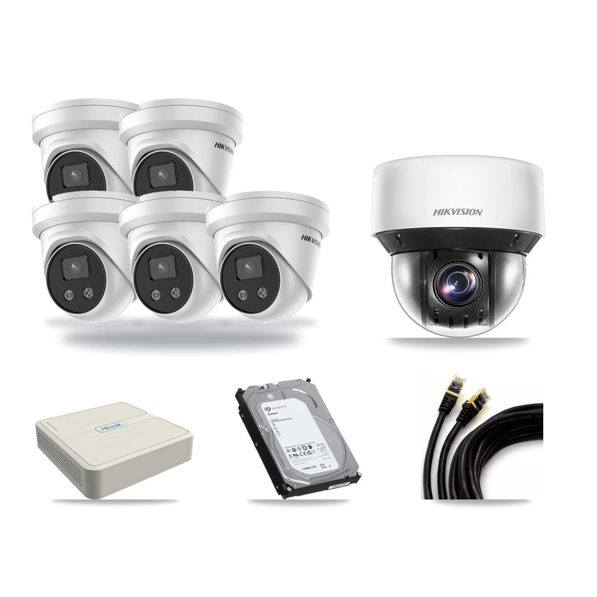 Hikvision & HiLook 8-Channel 4MP – 5MP CCTV Kit — 5 DS-2CD3356G2 5MP Turret + 1 DS-2DE4A425IW 4MP PTZ Cameras + 6TB Recording - Image 1