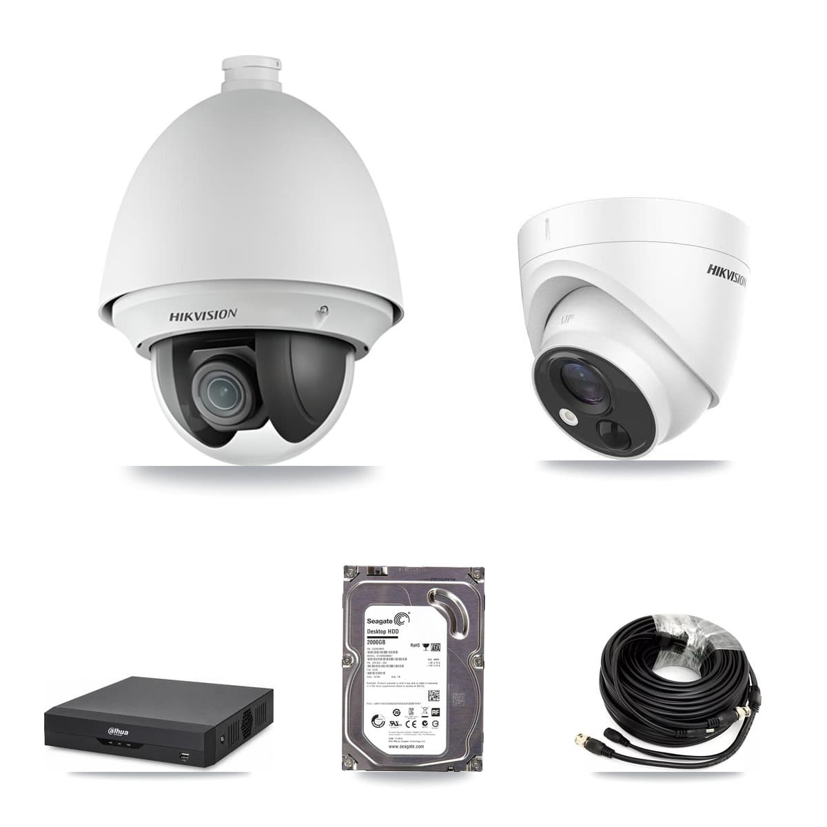 Hikvision & Dahua 4-Channel 2MP – 5MP CCTV Kit — 1 DS-2AE4225T 2MP PTZ + 1 DS-2CE71H0T 5MP Turret Cameras + 2TB Recording - Image 1