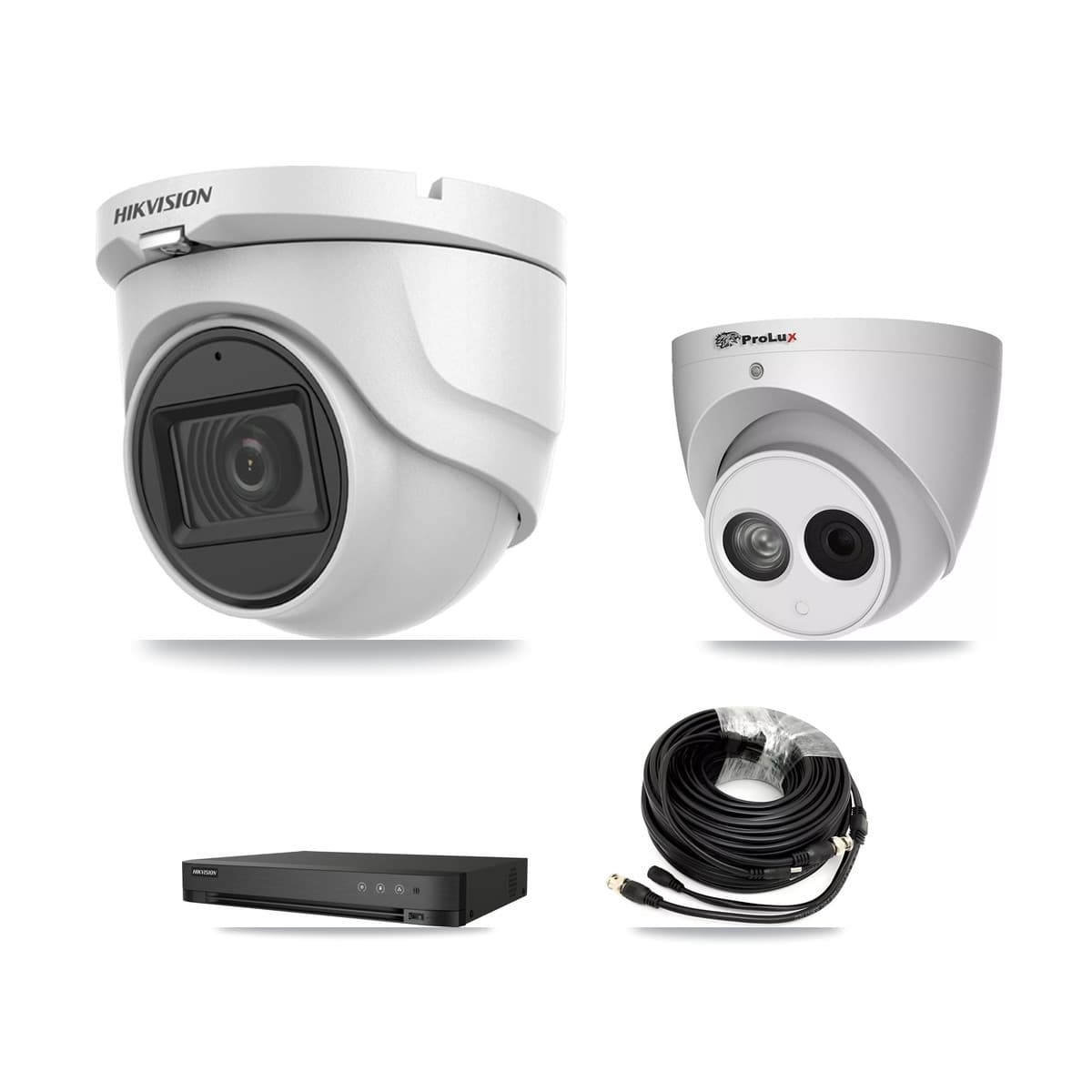 Hikvision & Prolux 4-Channel 4MP – 5MP CCTV Kit — 1 DS-2CE76H0T 5MP + 1 PXC-612C4W-A 4MP Turret Cameras + 3TB Recording (IDS-7204HQHI Recorder) - Image 1