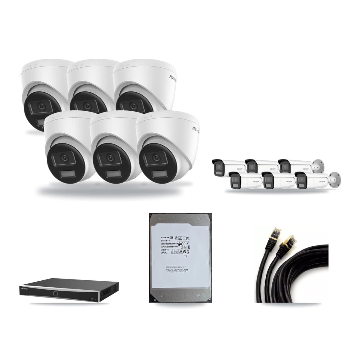 Hikvision 16-Channel 4K CCTV Kit — 6 DS-2CD1383G2-LIU Turret + 6 White DS-2CD2T87G2H-LISU/SL-2.8MM-W Bullet Cameras + 14TB Recording (DS-7616NXI-K2/16P(E) Recorder) - Image 1