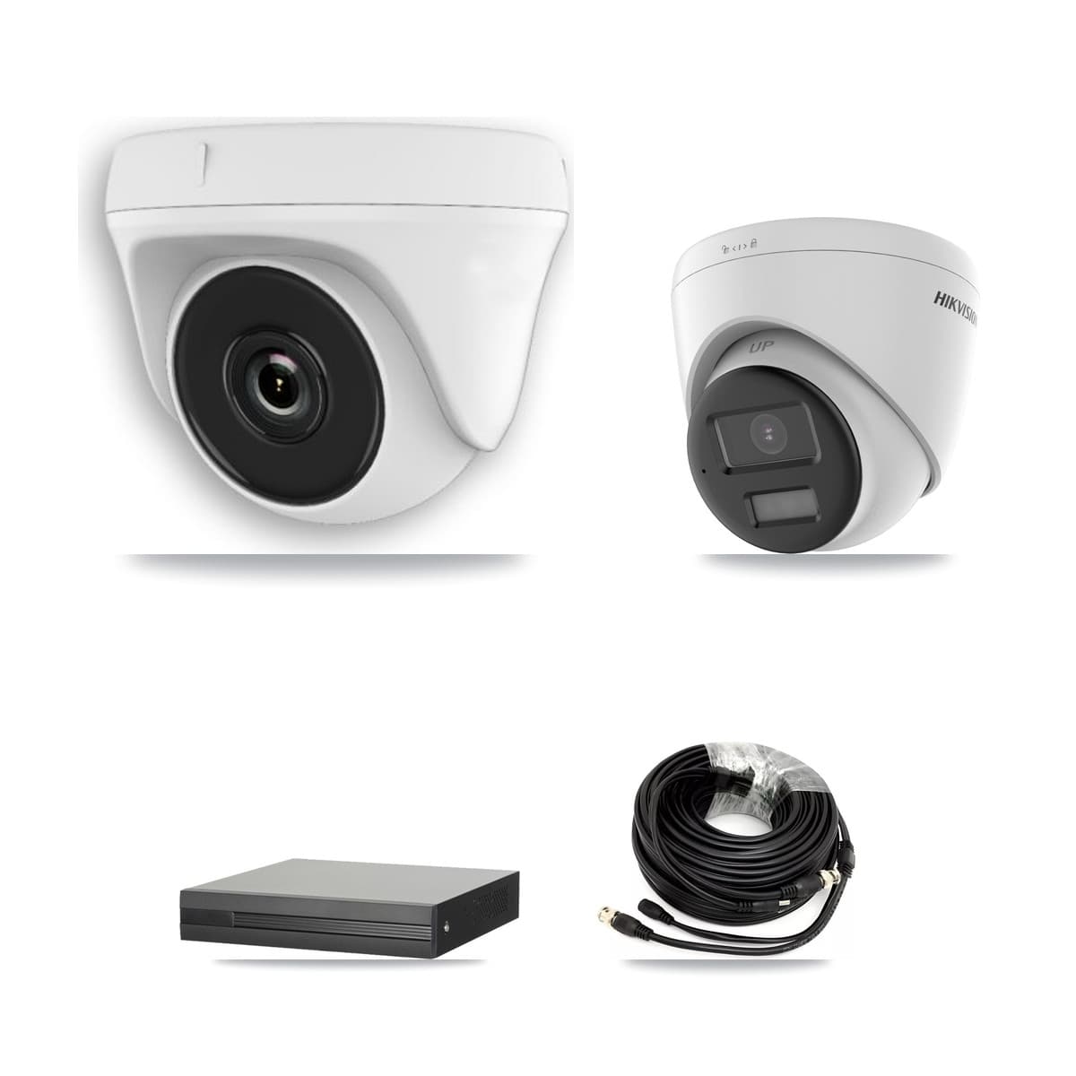 Hikvision 4-Channel 2MP – 5MP CCTV Kit — 1 DS-2CE78K0T 5MP Turret + 3 White HDT-2MP-N20W 2MP Dome Cameras + 3TB Recording (XVR-3104HS Recorder)