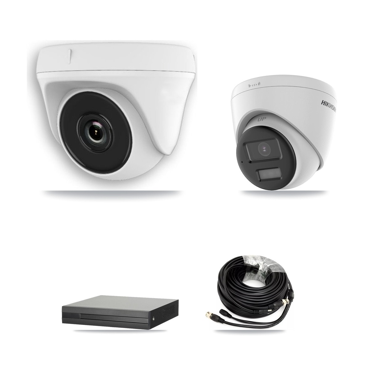 Hikvision 4-Channel 2MP – 5MP CCTV Kit — 1 DS-2CE78K0T 5MP Turret + 3 White HDT-2MP-N20W 2MP Dome Cameras + 3TB Recording (XVR-3104HS Recorder)