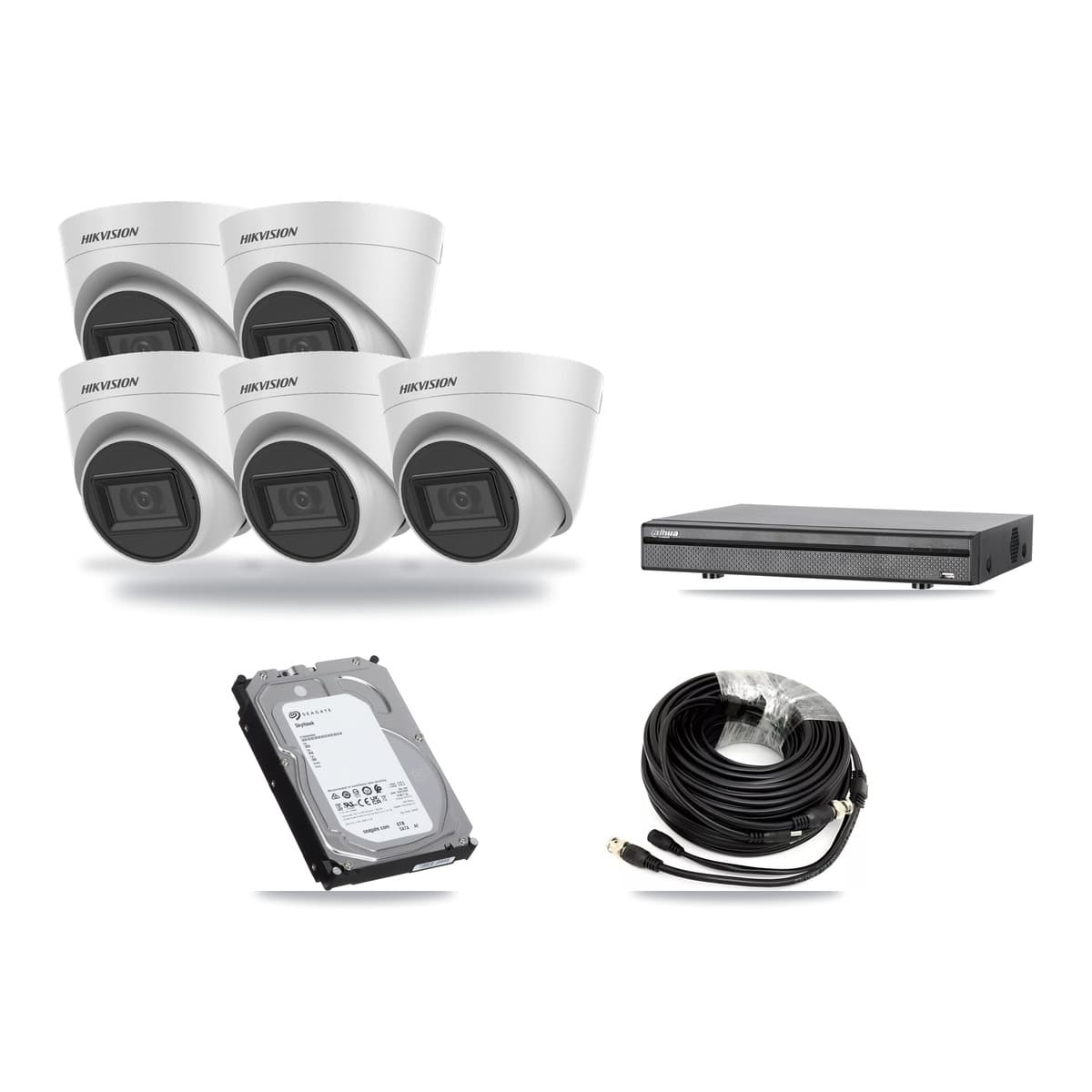 Hikvision & Dahua 8-Channel 5MP CCTV Kit — 5 White Turret Cameras + 6TB Recording (DH-XVR5108H Recorder) - Image 1