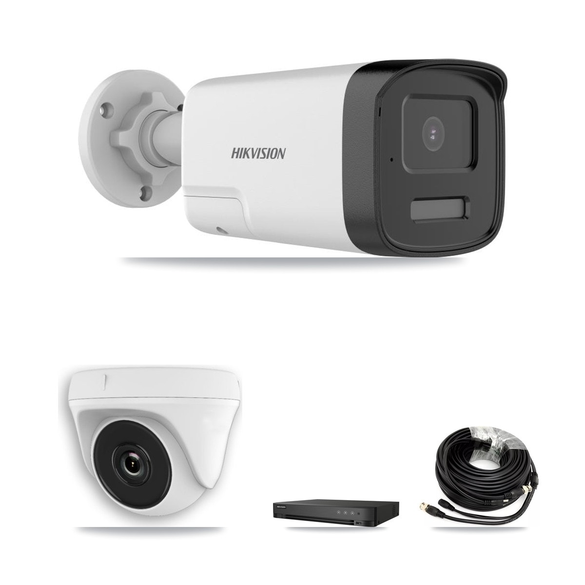 Hikvision 4-Channel 2MP – 5MP CCTV Kit — 2 DS-2CE17K0T 5MP Bullet + 1 White HDT-2MP-N20W 2MP Dome Cameras + 3TB Recording (IDS-7204HQHI Recorder)