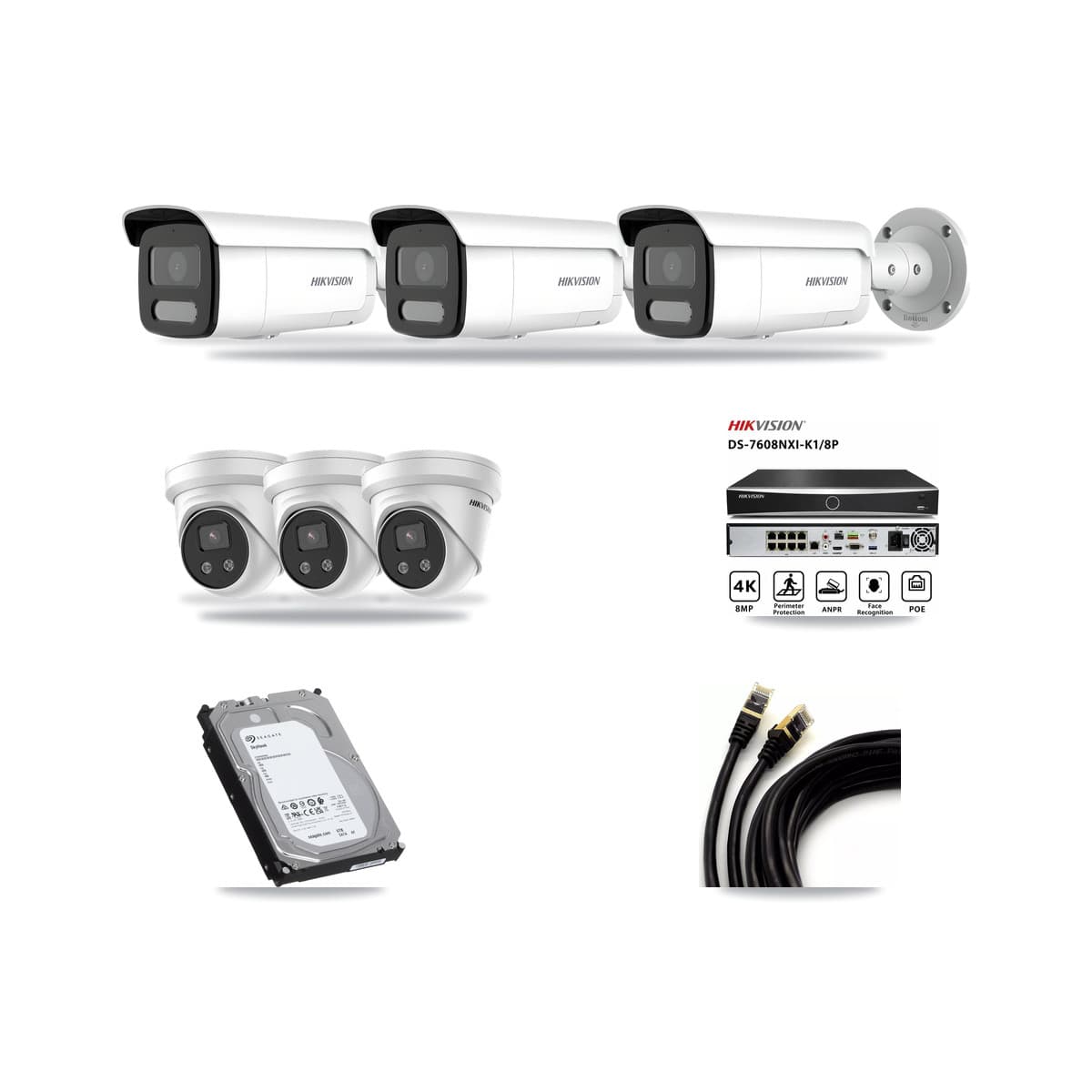 Hikvision 8-Channel 4MP – 5MP CCTV Kit — 3 4MP Bullet + 3 5MP Turret Cameras + 6TB Recording (DS-7608NXI Recorder) - Image 1