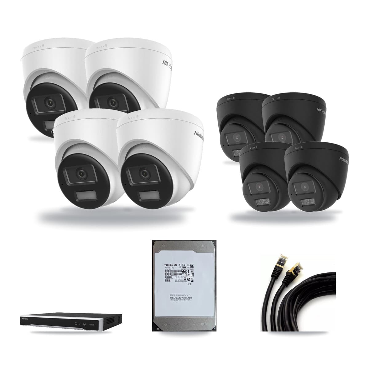 Hikvision 16-Channel 4K CCTV Kit — 4 DS-2CD1383G2 + 4 Black DS-2CD1383G2 Turret Cameras + 14TB Recording - Image 1