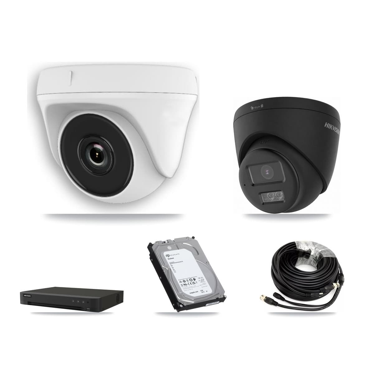 Hikvision 8-Channel 2MP – 4K CCTV Kit — 1 Black DS-2CE78U0T-LTS-BLACK 4K Turret + 3 White HDT-2MP-N20W-2.8MM 2MP Dome Cameras + 6TB Recording (IDS-7208HUHI-M1/XT Recorder)