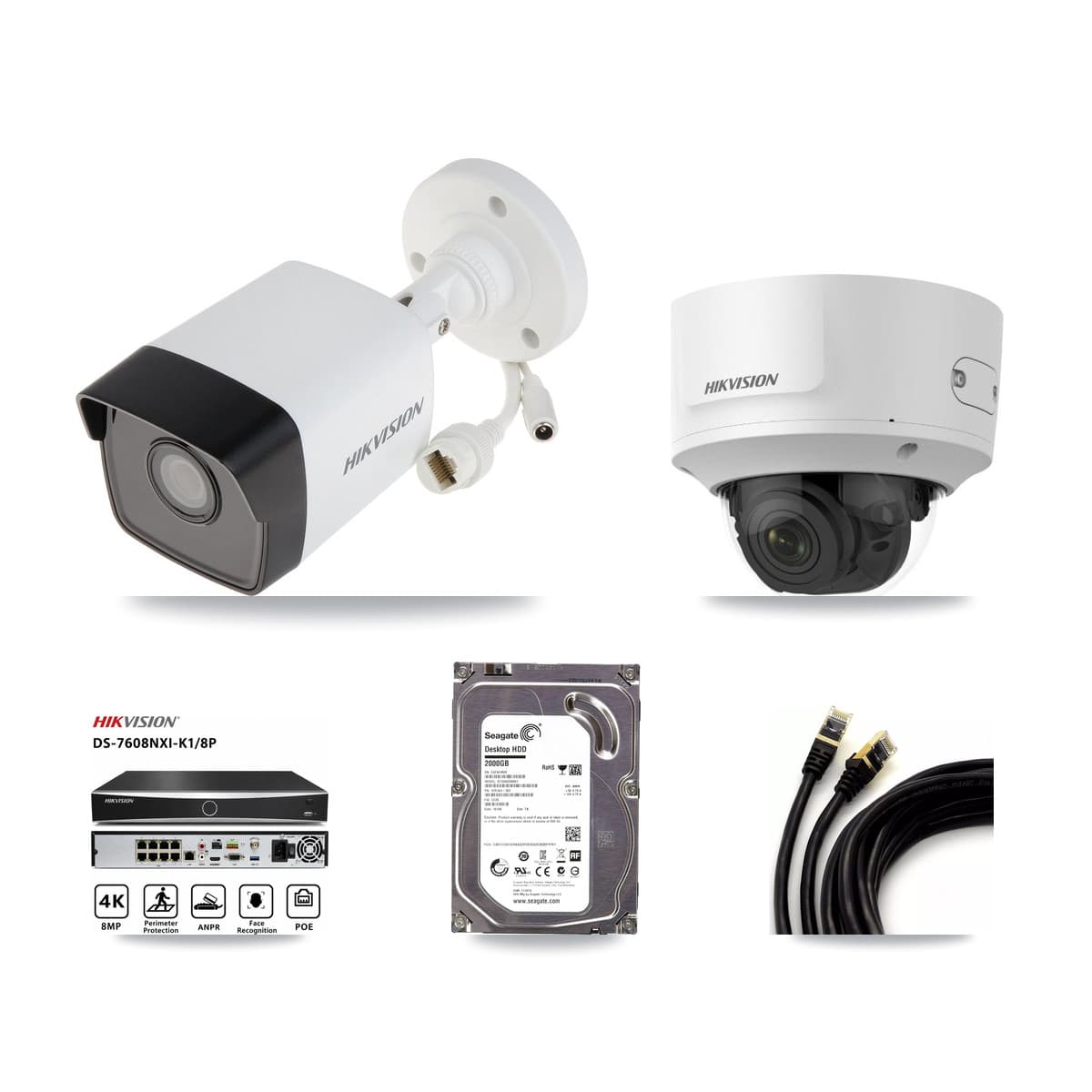 Hikvision 8-Channel 2MP – 5MP CCTV Kit — 1 5MP Bullet + 1 2MP Dome Cameras + 2TB Recording (DS-7608NXI Recorder)