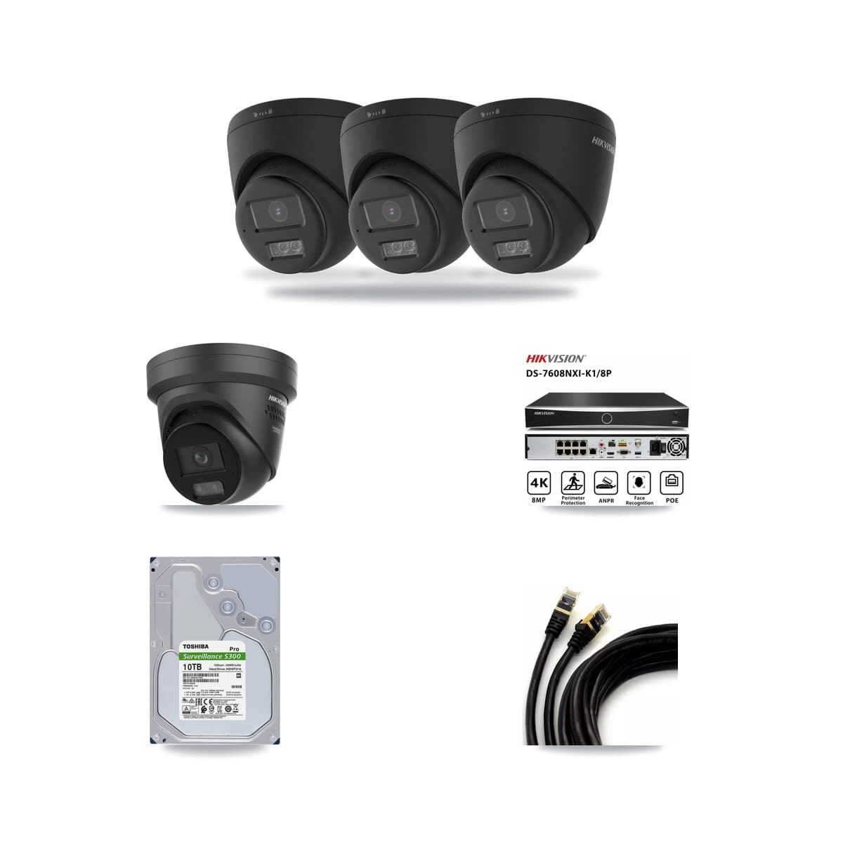Hikvision 8-Channel 4K CCTV Kit — 3 Black DS-2CD1383G2 + 1 Black DS-2CD2387G3 Turret Cameras + 10TB Recording - Image 1