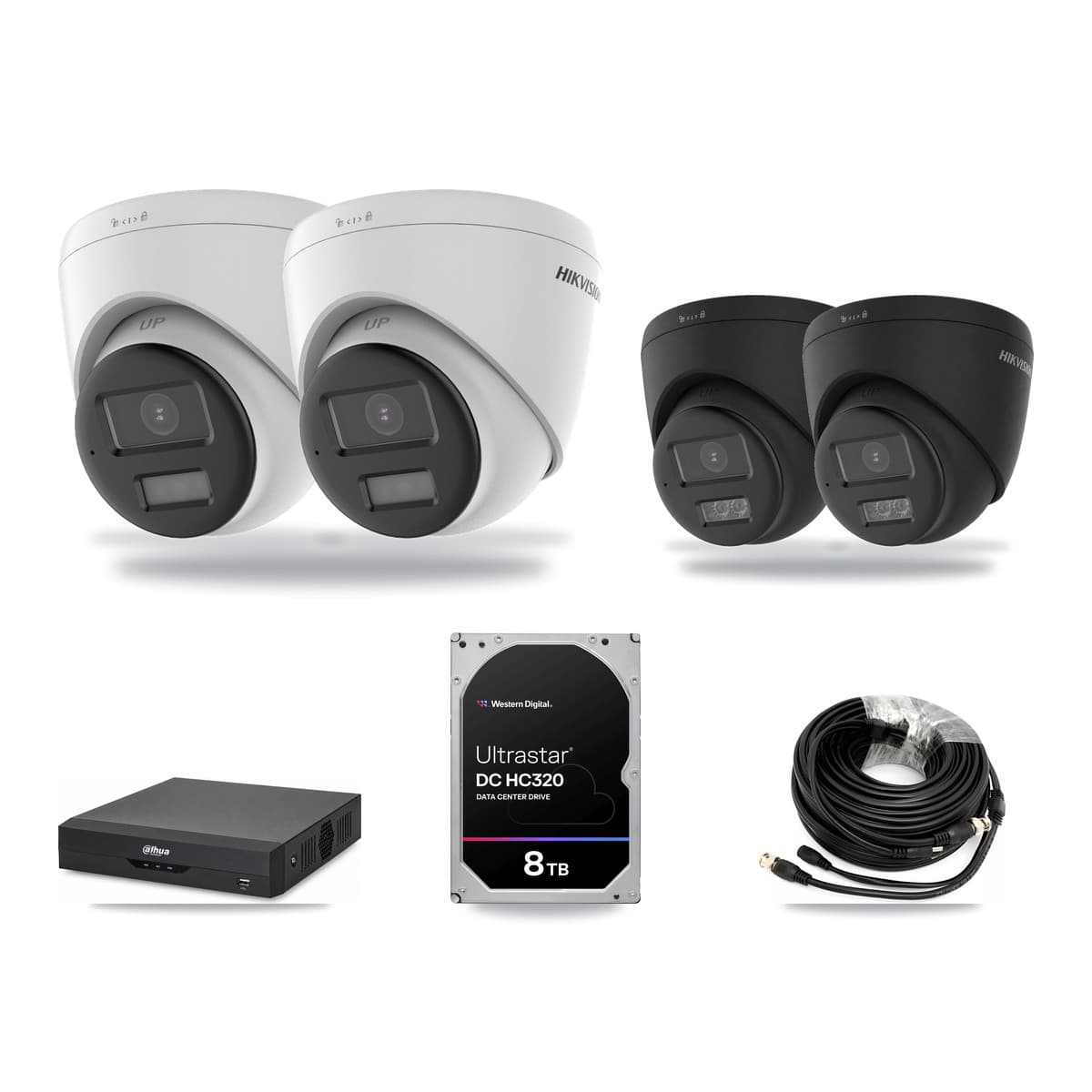 Hikvision & Dahua 4-Channel 5MP – 4K CCTV Kit — 2 DS-2CE78K0T-LPTS 5MP + 2 Black DS-2CE78U0T-LTS-BLACK 4K Turret Cameras + 8TB Recording (DH-XVR5104HS-4KL-I2 Recorder) - Image 1