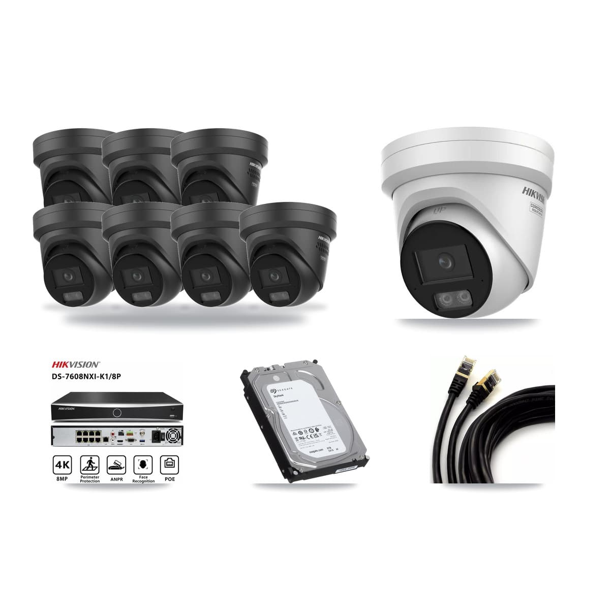 Hikvision 8-channel CCTV kit: 8 cameras (7× 4K Black Turret + 1× 4K Turret), 6TB hard drive
