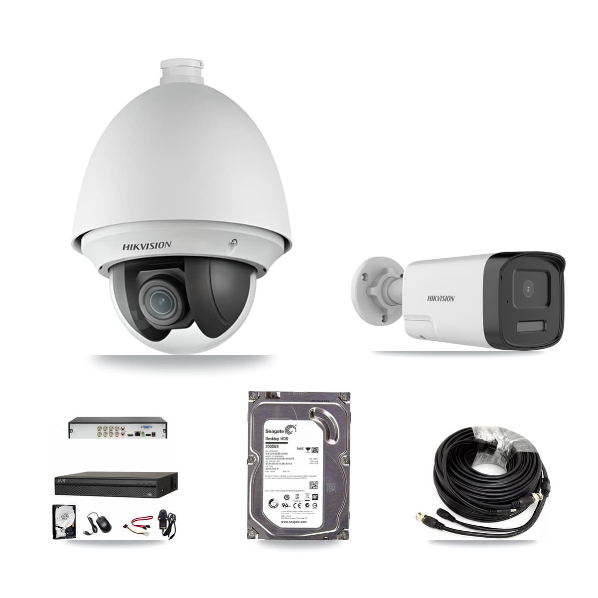 Hikvision & Dahua 8-Channel 2MP – 5MP CCTV Kit — 1 DS-2AE4225T 2MP PTZ + 1 DS-2CE17K0T 5MP Bullet Cameras + 2TB Recording (XVR-3108AD Recorder)