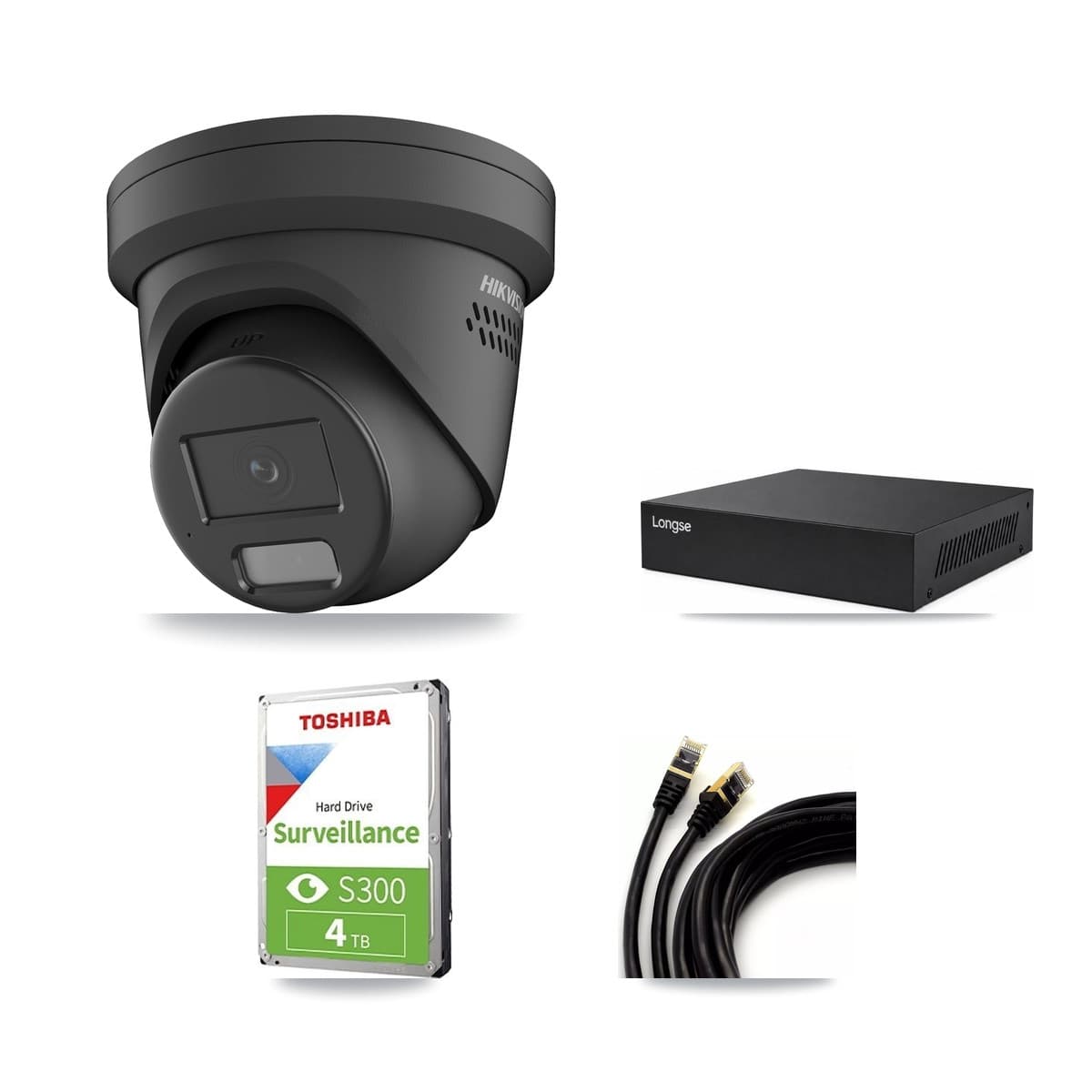 Hikvision & Longse 8-Channel 4MP CCTV Kit — 3 Black Turret Cameras + 4TB Recording