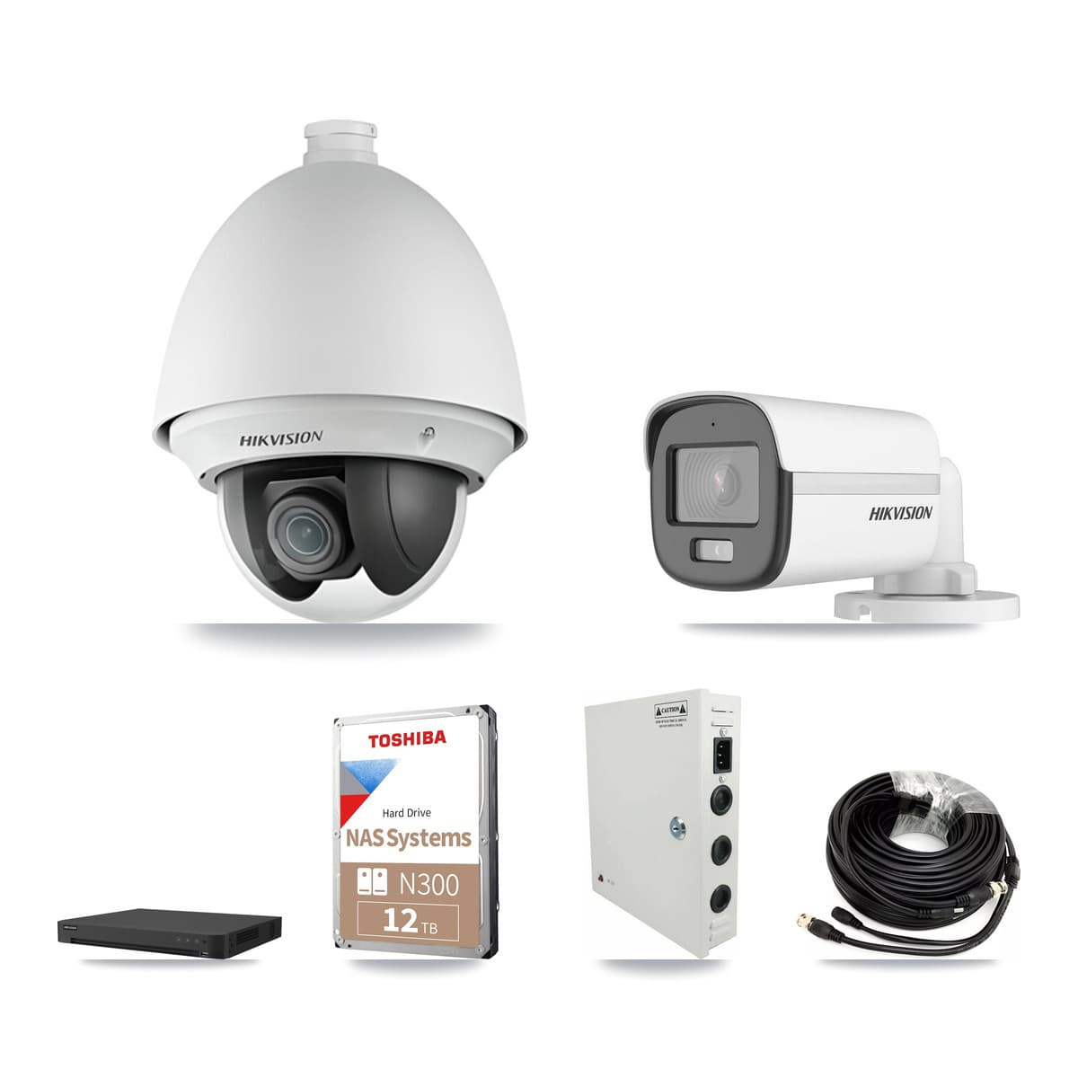 Hikvision 32-Channel 2MP – 5MP CCTV Kit — 12 DS-2AE4225T 2MP PTZ + 12 DS-2CE12KF0T 5MP Bullet Cameras + 2× 12TB Recording