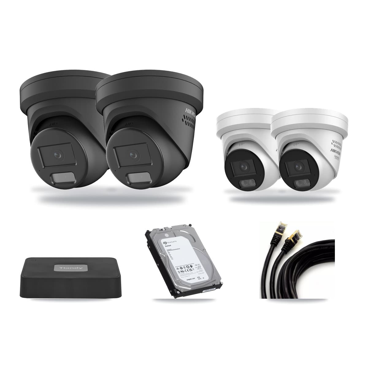 Hikvision & Tiandy 4-Channel 4MP CCTV Kit — 2 DS-2CD2347G2 + 2 DS-2CD2347G3 Turret Cameras + 6TB Recording - Image 1