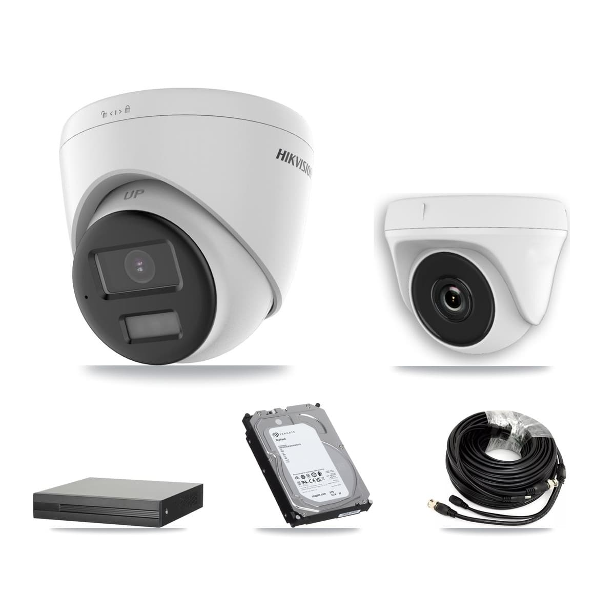 Hikvision 4-Channel 2MP – 5MP CCTV Kit — 3 DS-2CE78K0T 5MP Turret + 1 White HDT-2MP-N20W 2MP Dome Cameras + 6TB Recording (XVR-3104HS Recorder)