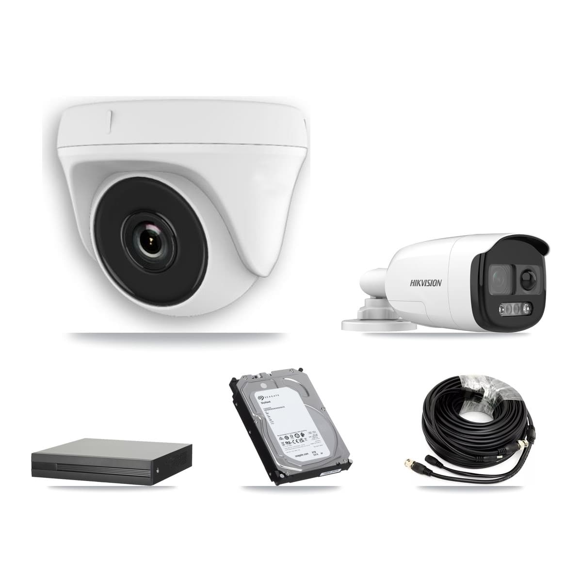 Hikvision 16-Channel 2MP – 5MP CCTV Kit — 2 DS-2CE12KF3T 5MP Bullet + 6 White HDT-2MP-N20W 2MP Dome Cameras + 6TB Recording (XVR-3116HS Recorder)