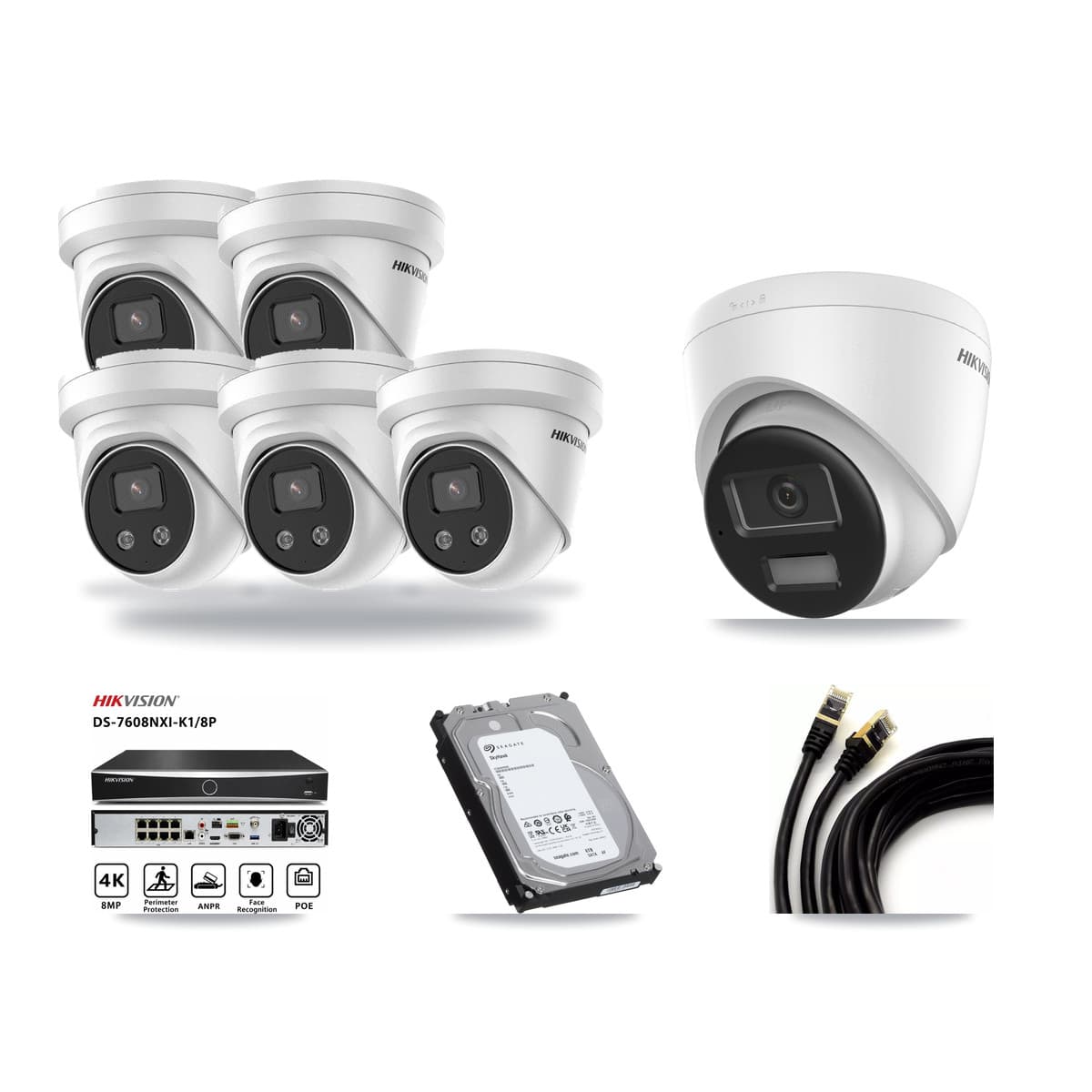 Hikvision 8-Channel 5MP – 4K CCTV Kit — 1 DS-2CD1383G2-LIU 4K + 5 DS-2CD3356G2-ISU 5MP Turret Cameras + 6TB Recording (DS-7608NXI-K1/8P Recorder) - Image 1
