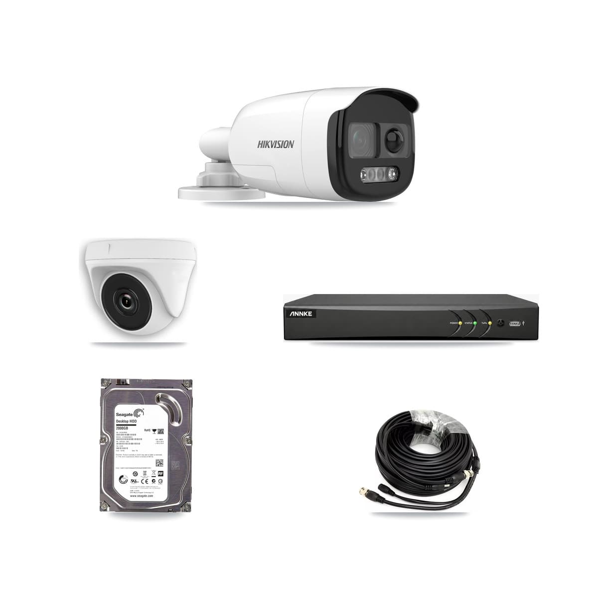 Hikvision & ANNKE 4-Channel 2MP – 5MP CCTV Kit — 1 DS-2CE12KF3T 5MP Bullet + 1 White HDT-2MP-N20W 2MP Dome Cameras + 2TB Recording