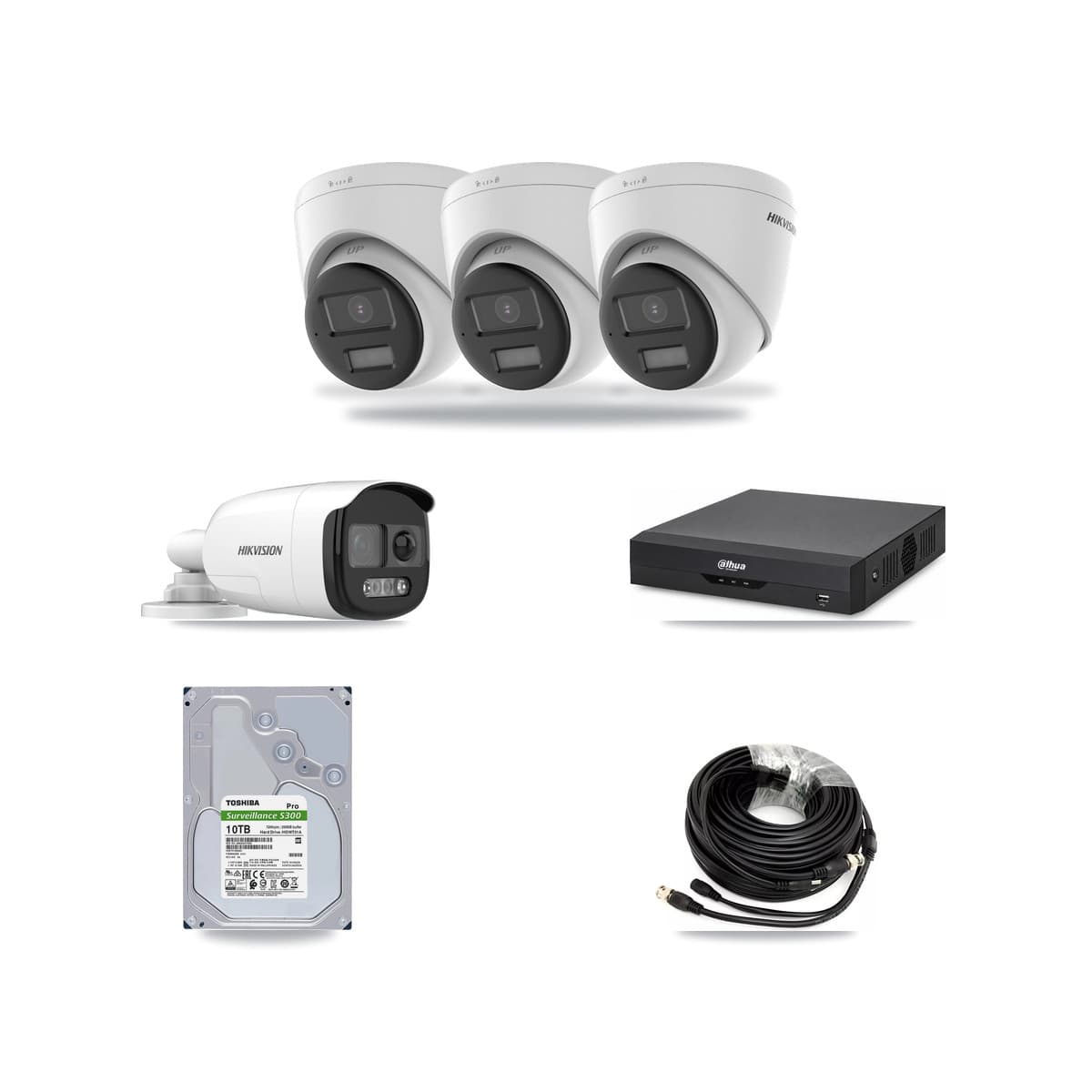 Hikvision & Dahua 4-Channel 5MP – 4K CCTV Kit — 1 DS-2CE12KF3T 5MP Bullet + 3 DS-2CE78U0T 4K Turret Cameras + 10TB Recording - Image 1