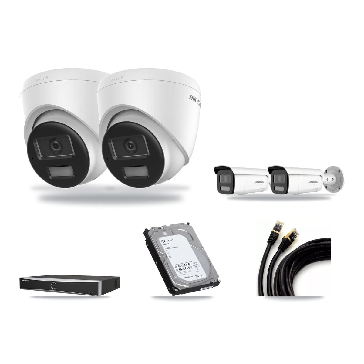 Hikvision 4-Channel 4K CCTV Kit — 2 DS-2CD1383G2-LIUF/SL Turret + 2 White DS-2CD2T87G2H-LISU/SL-2.8MM-W Bullet Cameras + 6TB Recording (DS-7604NXI-K1/4P Recorder) - Image 1