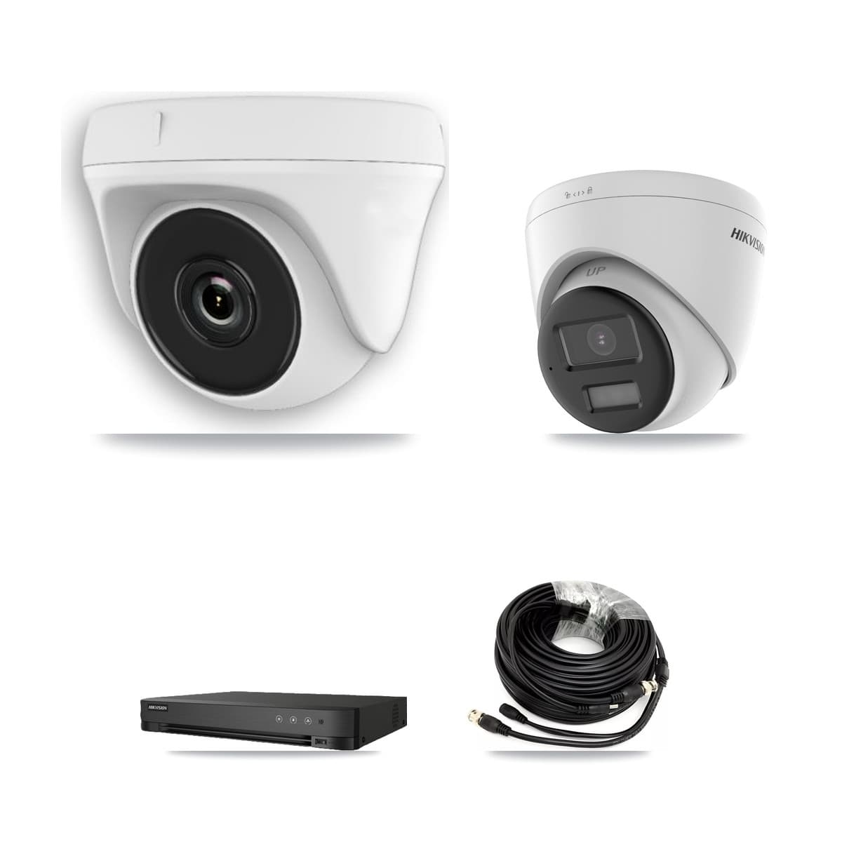 Hikvision 8-Channel 2MP – 5MP CCTV Kit — 1 DS-2CE78K0T 5MP Turret + 3 White HDT-2MP-N20W 2MP Dome Cameras + 3TB Recording (IDS-7208HQHI Recorder)