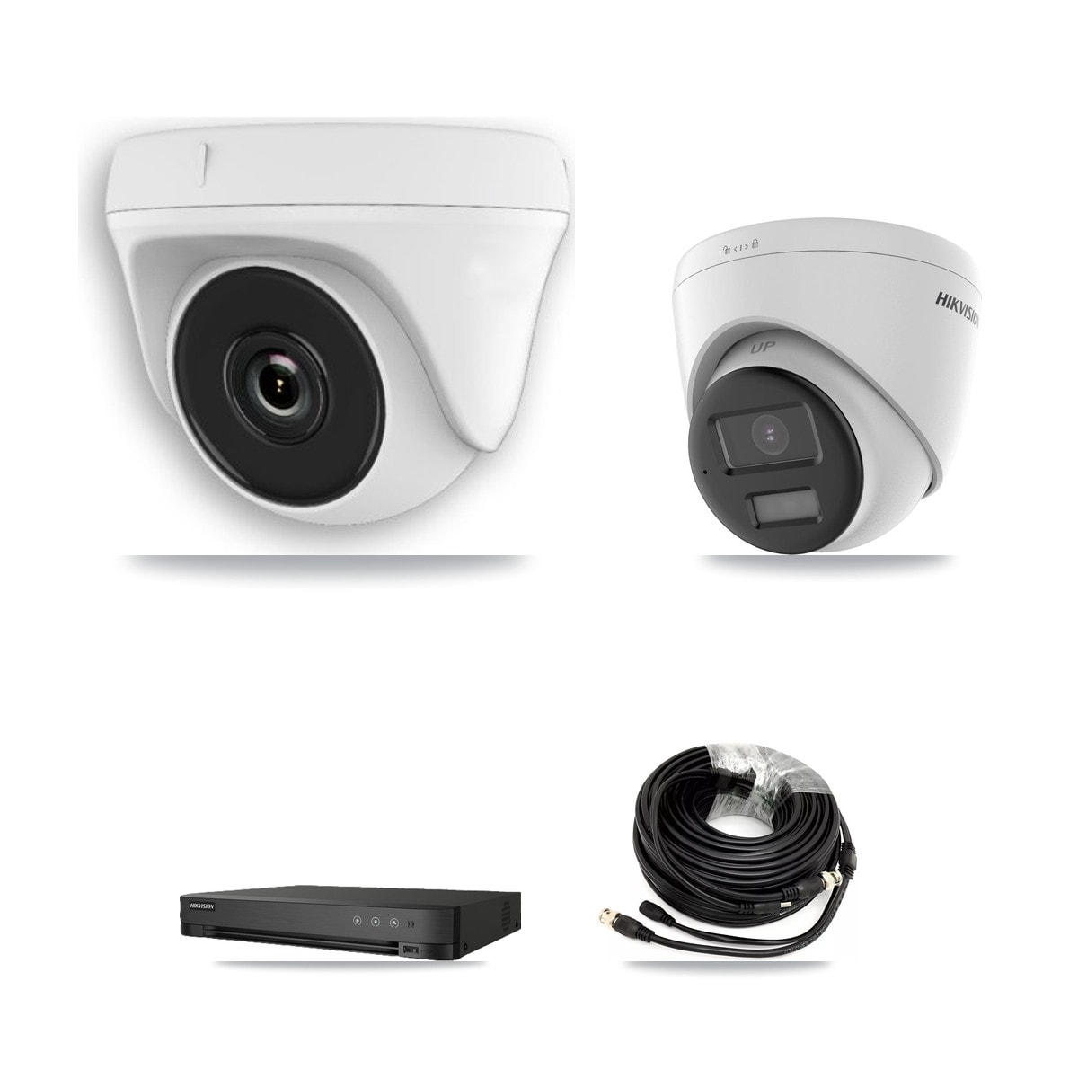 Hikvision 8-Channel 2MP – 5MP CCTV Kit — 1 DS-2CE78K0T 5MP Turret + 3 White HDT-2MP-N20W 2MP Dome Cameras + 3TB Recording (IDS-7208HQHI Recorder) - Image 1