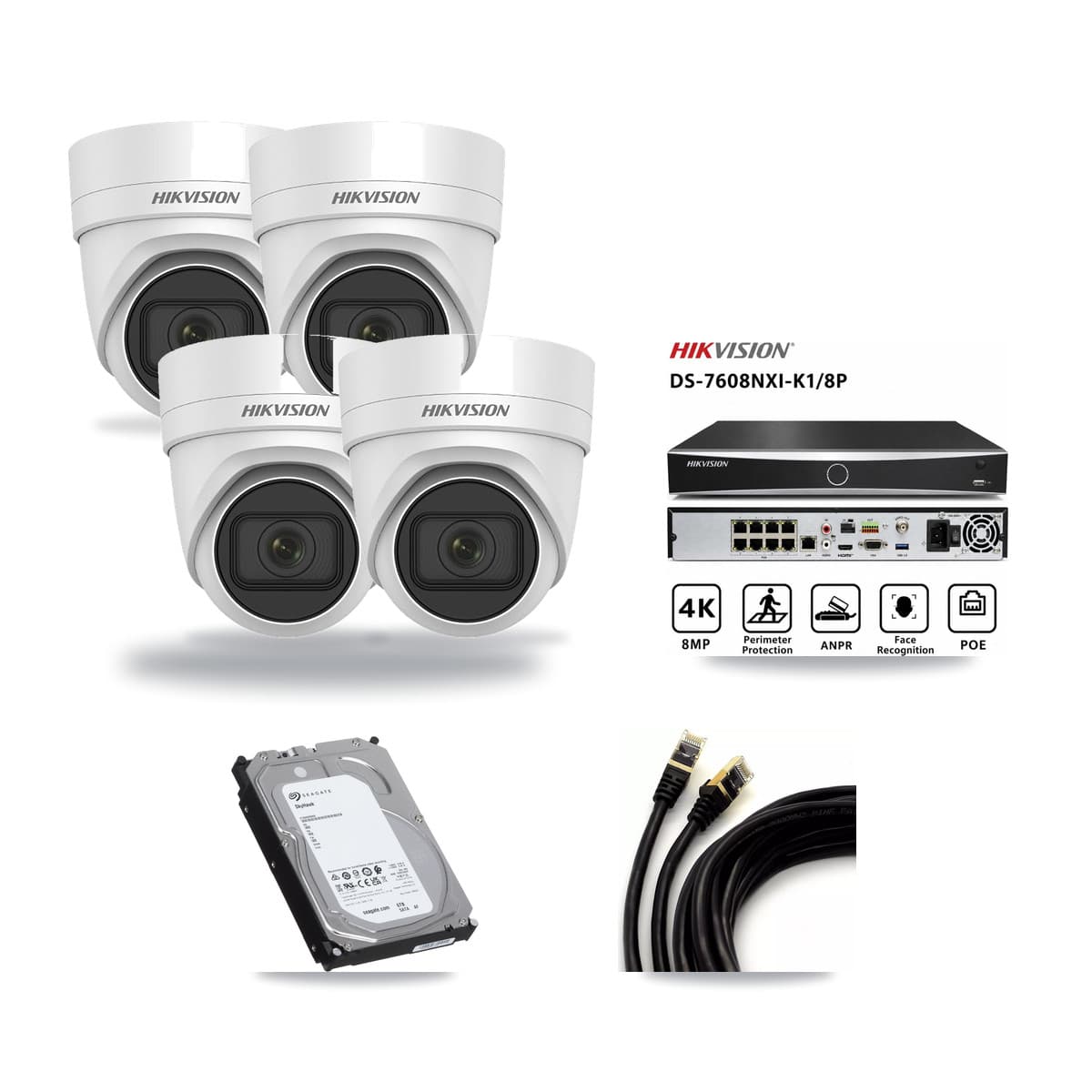 Hikvision 8-Channel 4K CCTV Kit — 4 DS-2CD2H83G0 Turret Cameras + 6TB Recording (DS-7608NXI Recorder) - Image 1