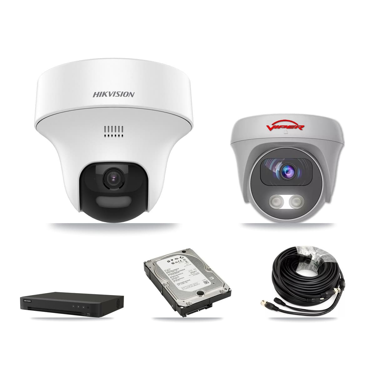 Hikvision & Viper 8-Channel 5MP CCTV Kit — 3 DS-2CE70K0T-PTLTS Turret + 1 White VIPER-5MP-3K-AOC-WHITE-2.8MM Cameras + 5TB Recording (IDS-7208HUHI-M1/XT Recorder)