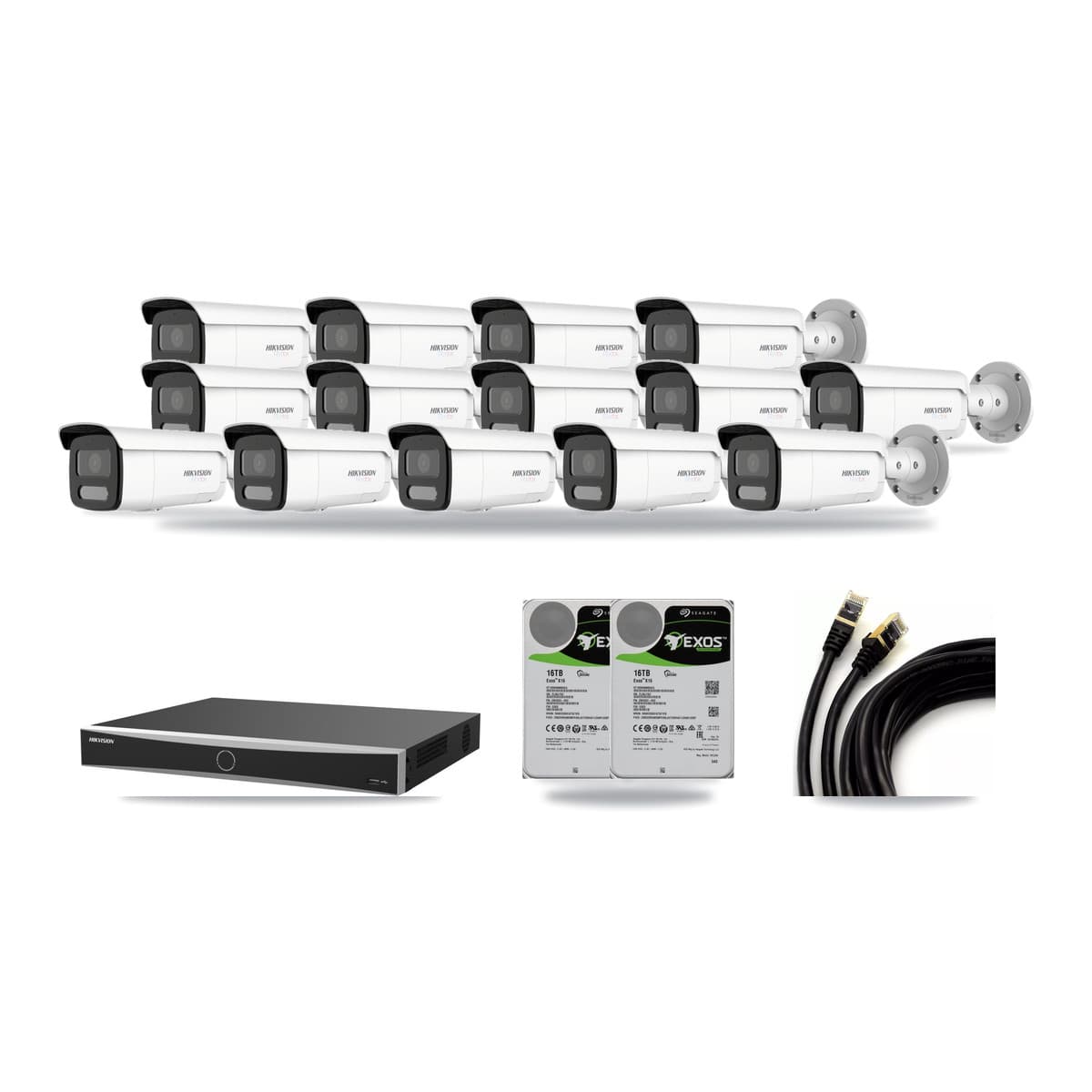 Hikvision 16-Channel 4K CCTV Kit — 14 White Bullet Cameras + 2× 16TB Recording (DS-7616NXI Recorder) - Image 1