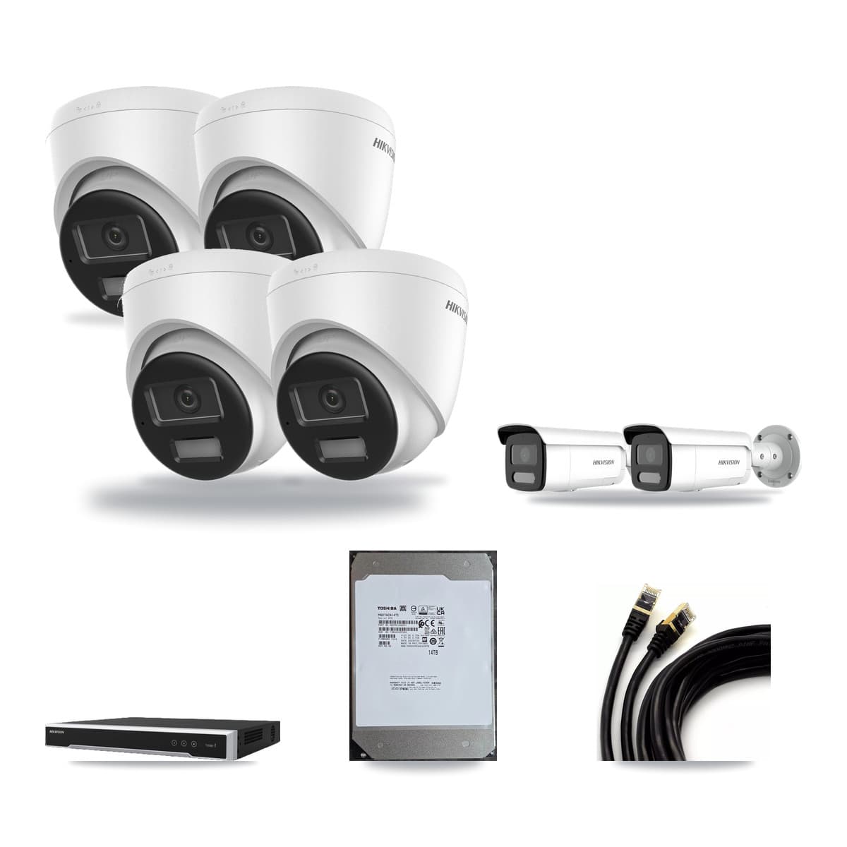 Hikvision 8-Channel 4MP – 4K CCTV Kit — 4 DS-2CD1383G2-LIU 4K Turret + 2 DS-2CD2T47G2H-LISU/SL 4MP Bullet Cameras + 14TB Recording (DS-7608NI-M2/8P Recorder) - Image 1