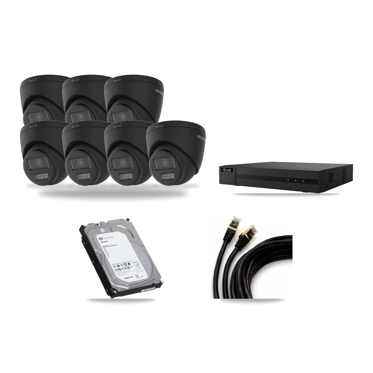 HiLook 8-channel CCTV kit: 8 cameras (7× 4K Turret + 1× 5MP Dome), 6TB hard drive