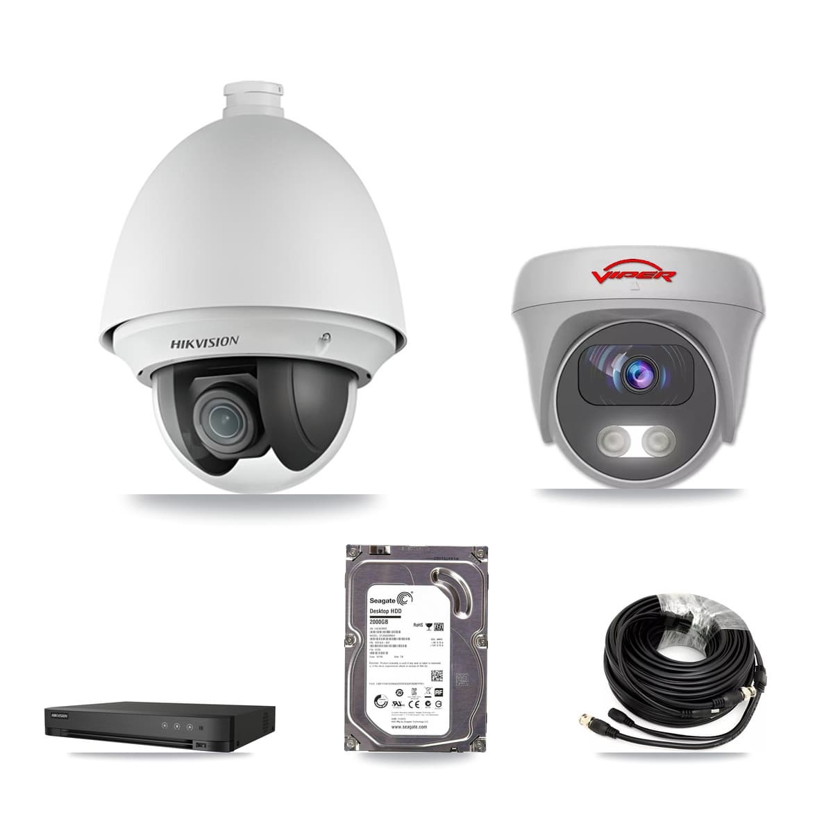 Hikvision & Viper 4-Channel 2MP – 5MP CCTV Kit — 1 2MP PTZ + 1 White 5MP Cameras + 2TB Recording (DS-7204HUHI Recorder)