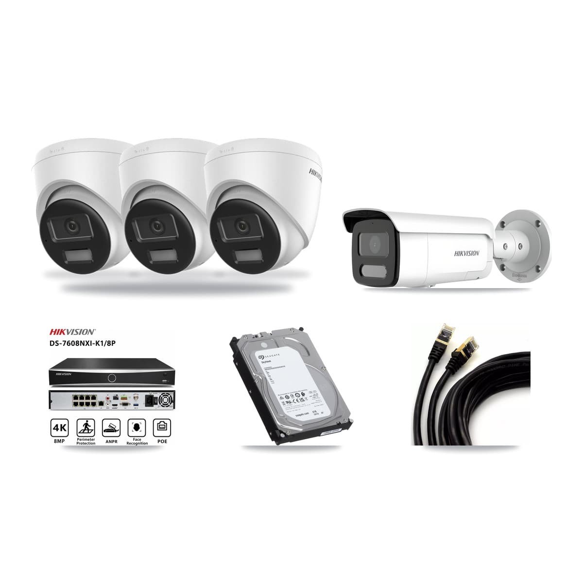 Hikvision 8-Channel 4MP – 4K CCTV Kit — 3 DS-2CD1383G2-LIUF/SL 4K Turret + 1 DS-2CD2T47G2H-LISU/SL 4MP Bullet Cameras + 6TB Recording (DS-7608NXI-K1/8P Recorder) - Image 1
